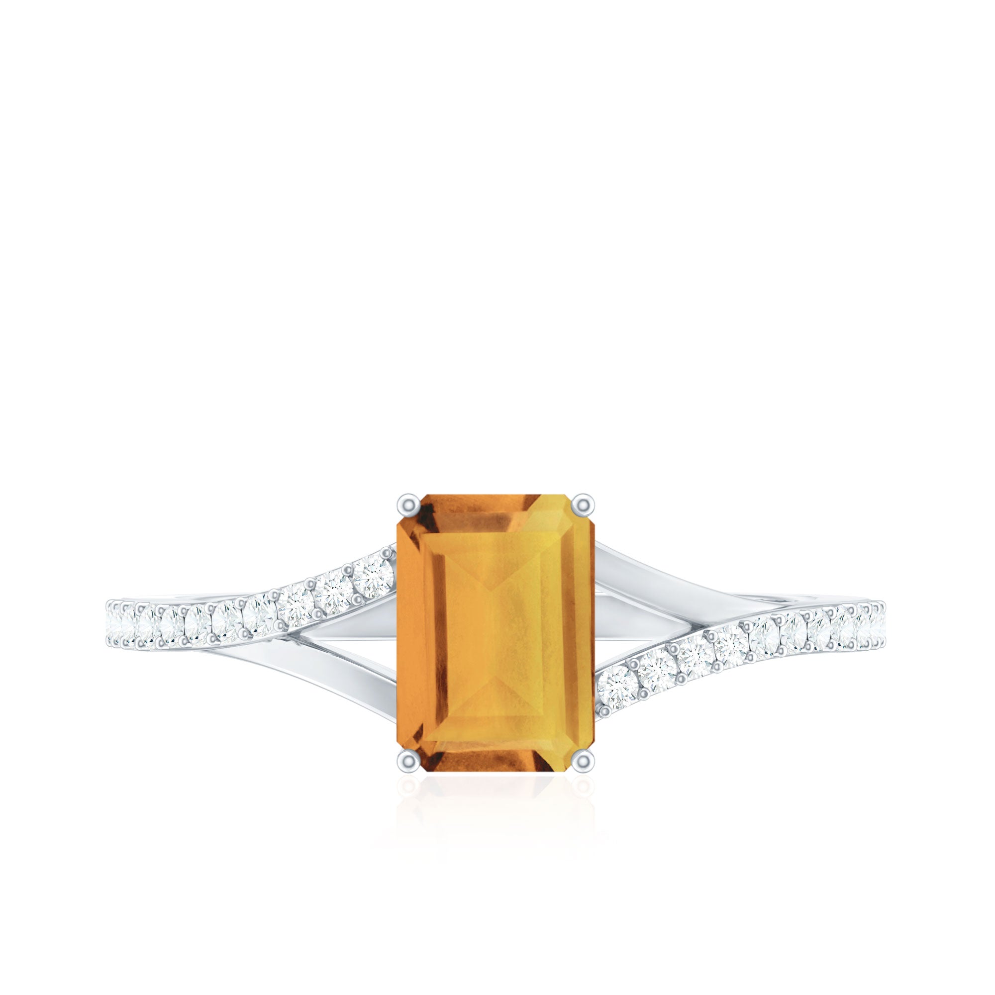 Real Citrine Emerald Cut Engagement Ring with Diamond Split Shank
