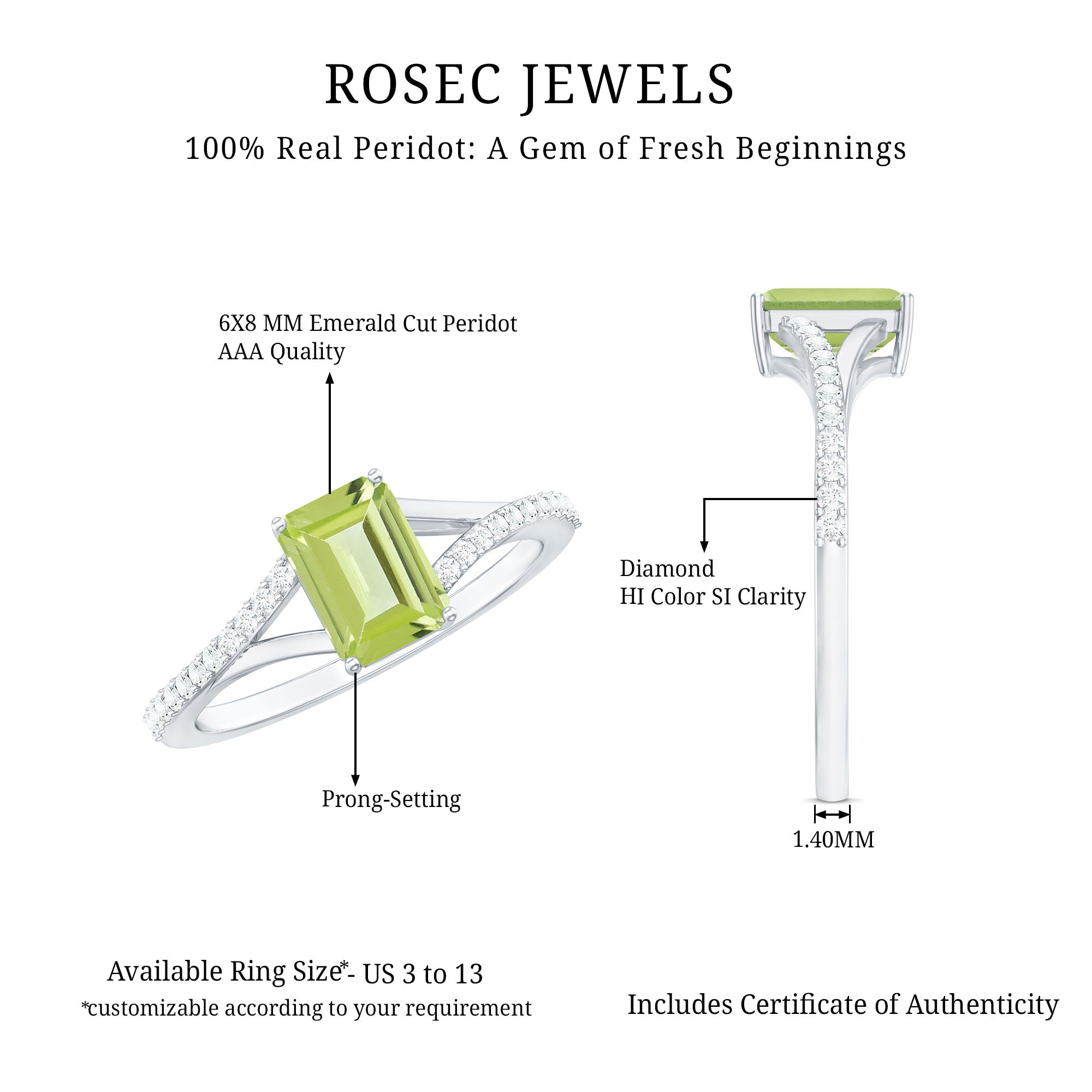 1.8 Carat Peridot Emerald Cut Engagement Ring with Diamond Split Shank