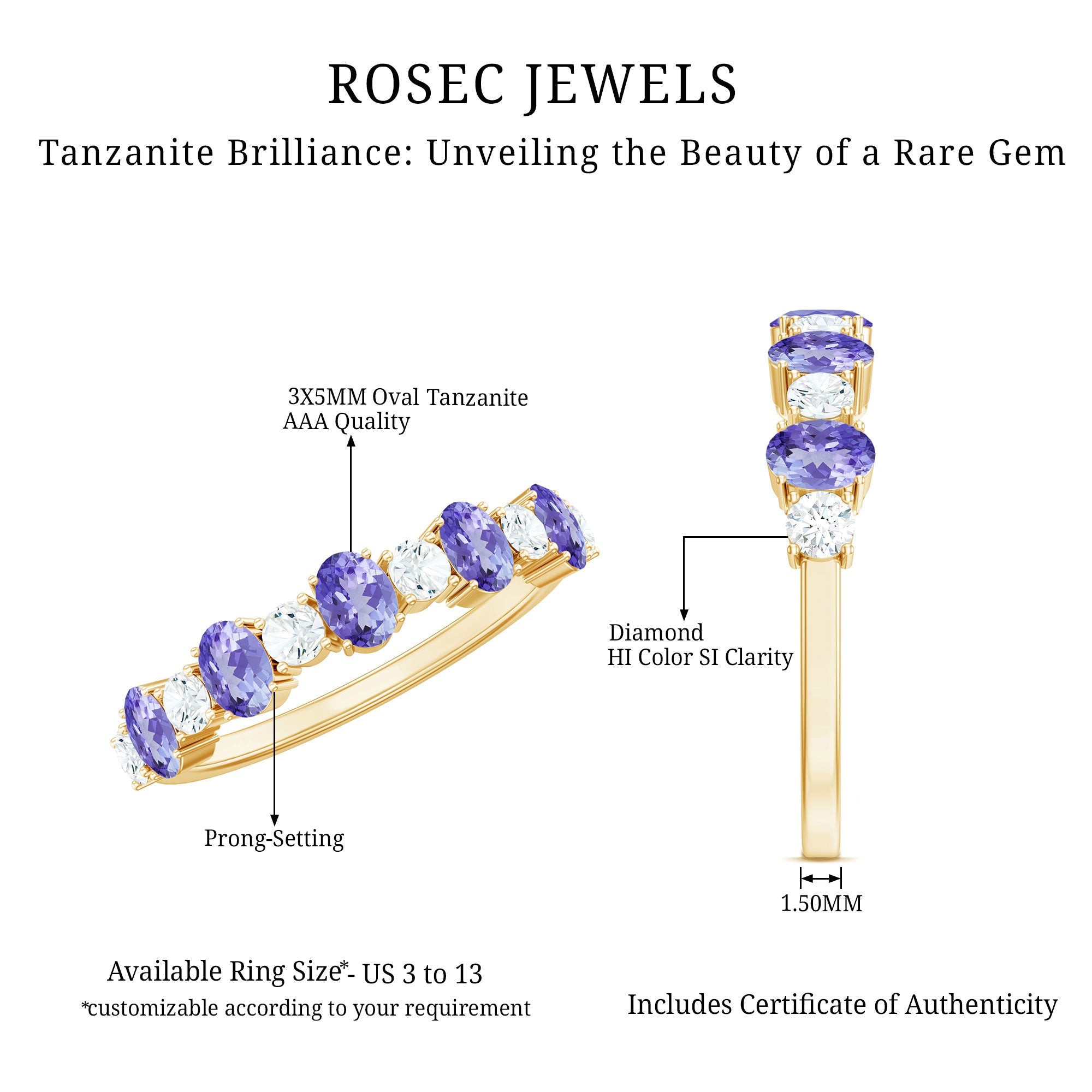 Natural Tanzanite Half Eternity Ring with Diamond