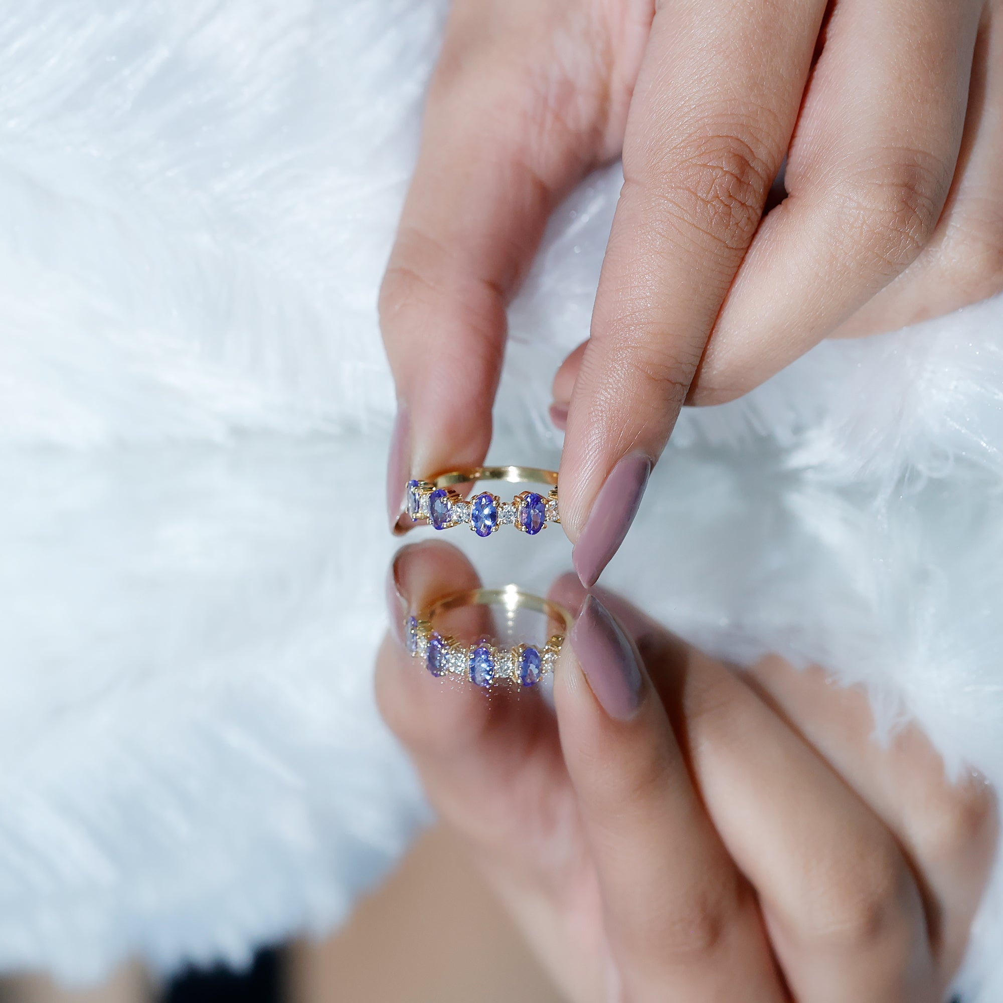 Natural Tanzanite Half Eternity Ring with Diamond