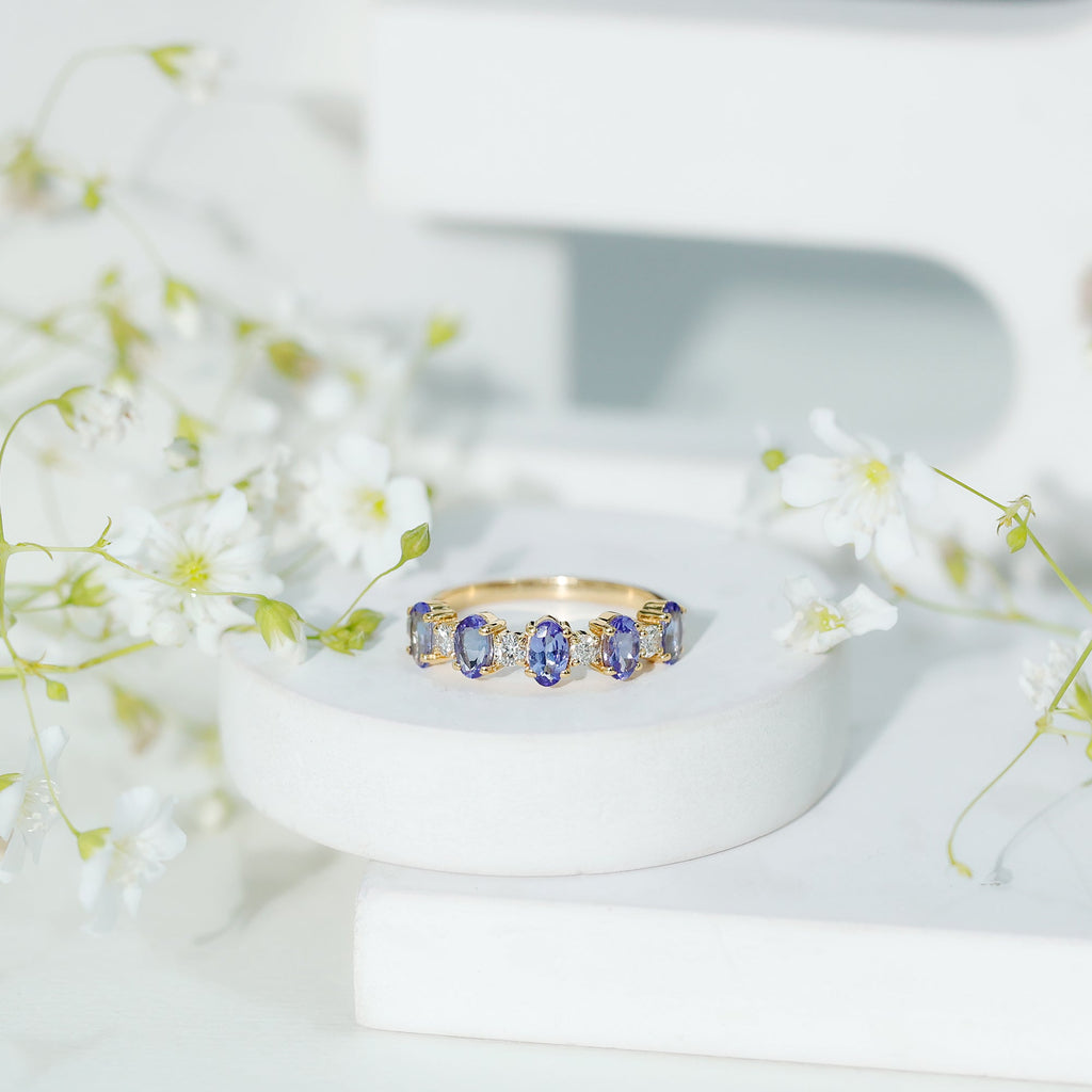 Natural Tanzanite Half Eternity Ring with Diamond