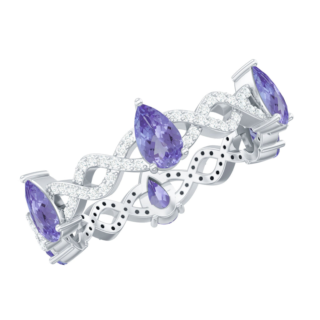 Natural Pear Shape Tanzanite Diamond Eternity Ring with Crossover Shank
