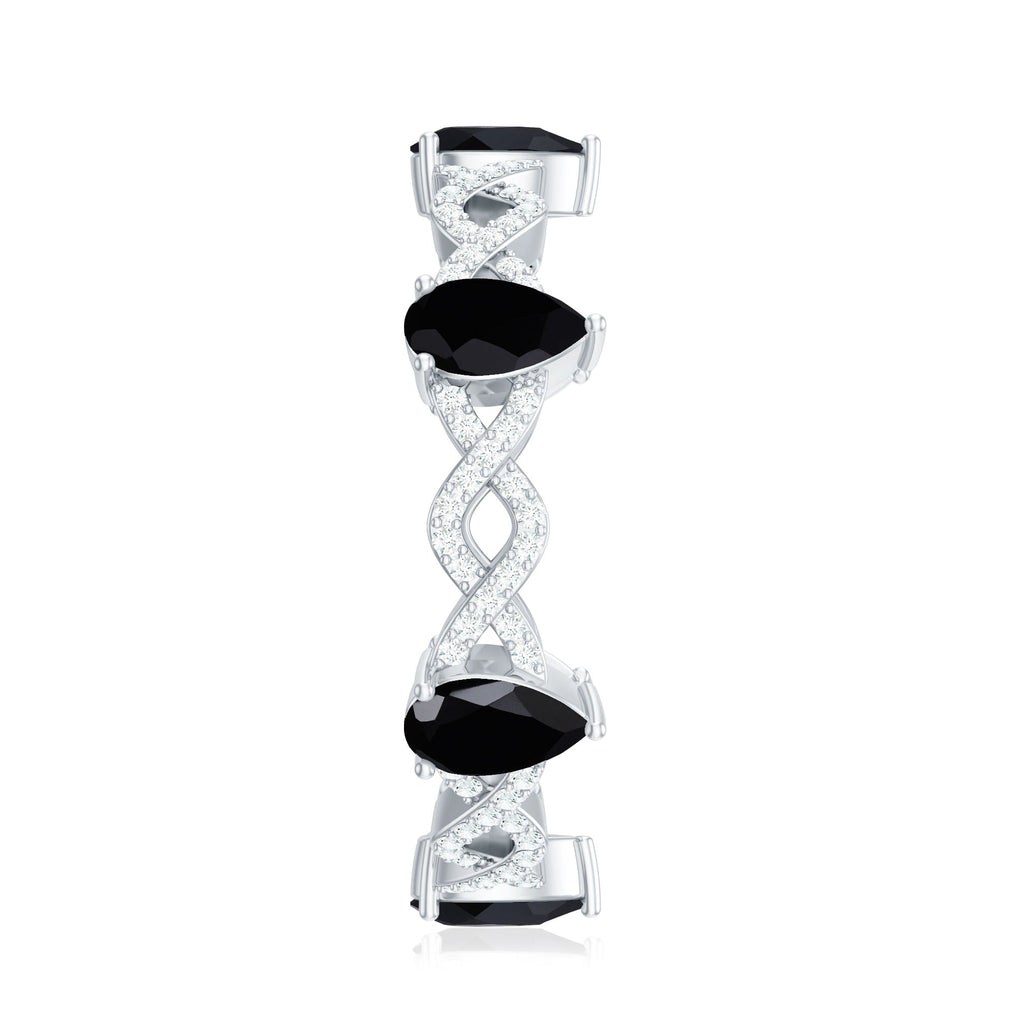 Natural Pear Shape Black Spinel Diamond Eternity Ring with Crossover Band