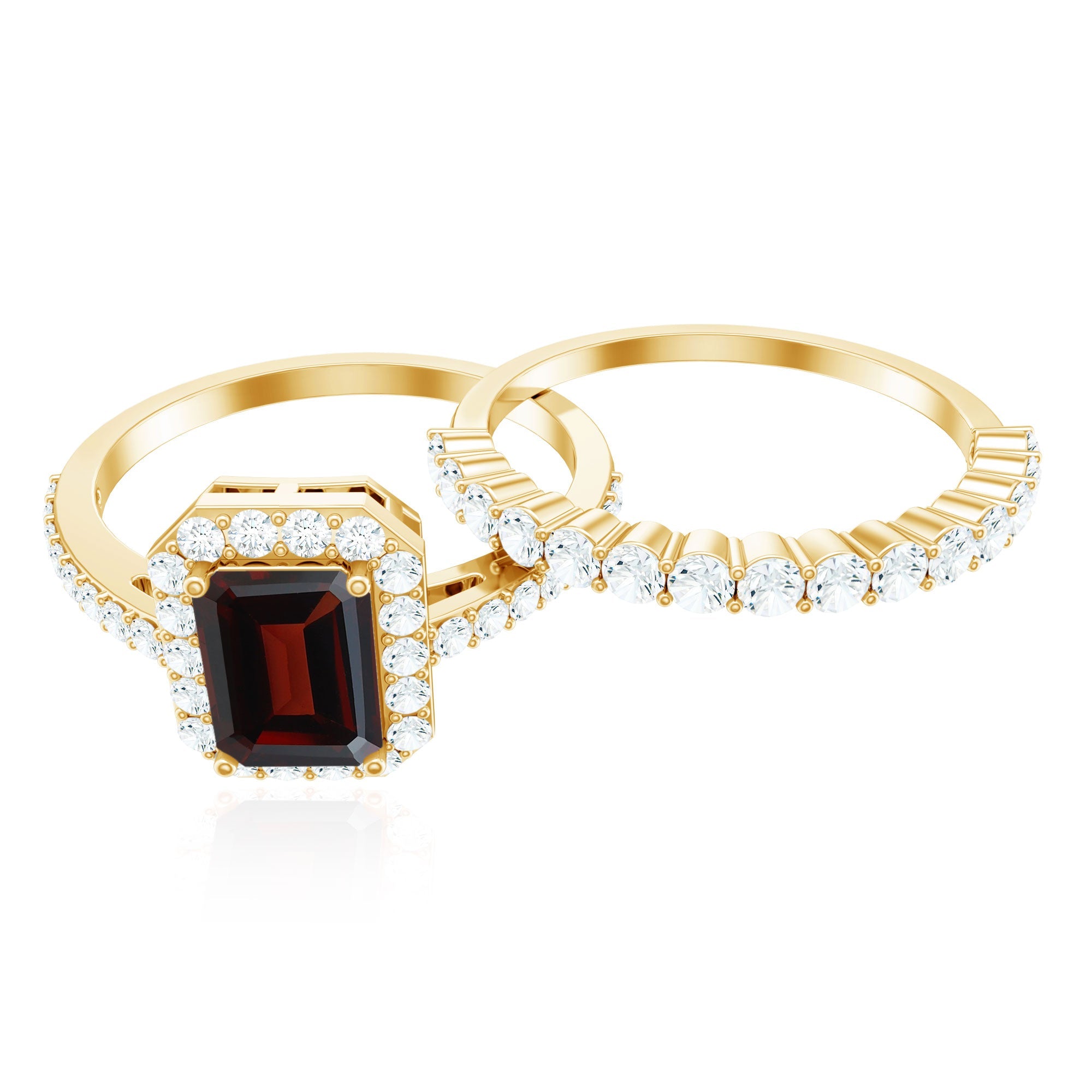 Genuine 6X8mm Emerald Cut Garnet Moissanite Wedding Ring Set of 2
