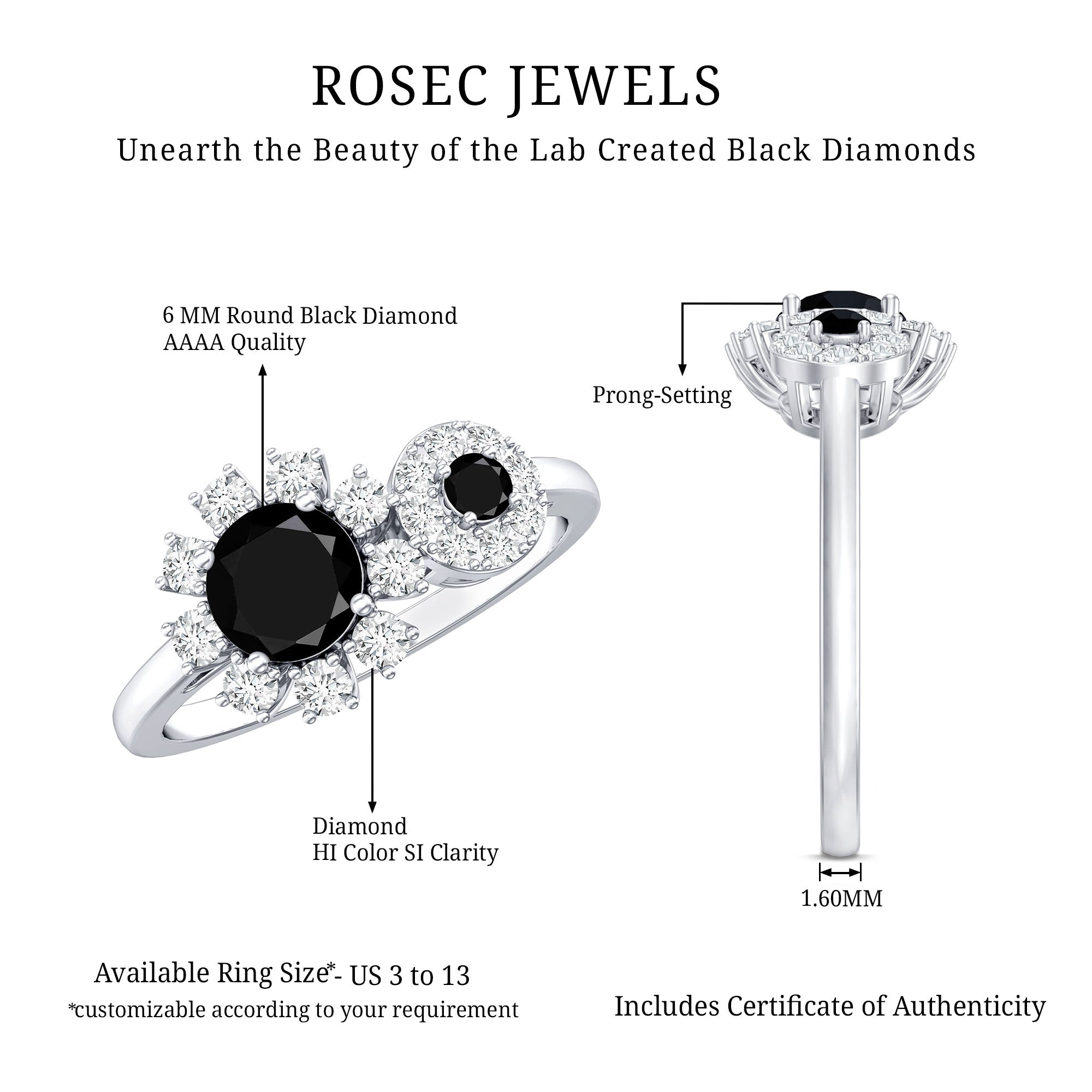 Created Black Diamond Designer Halo Engagement Ring with Diamond