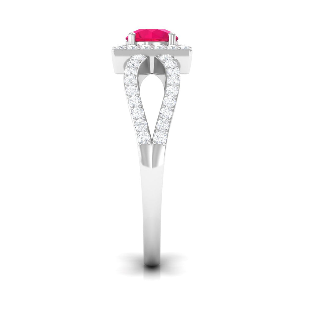 Split Shank Ruby Halo Engagement Ring with Diamond