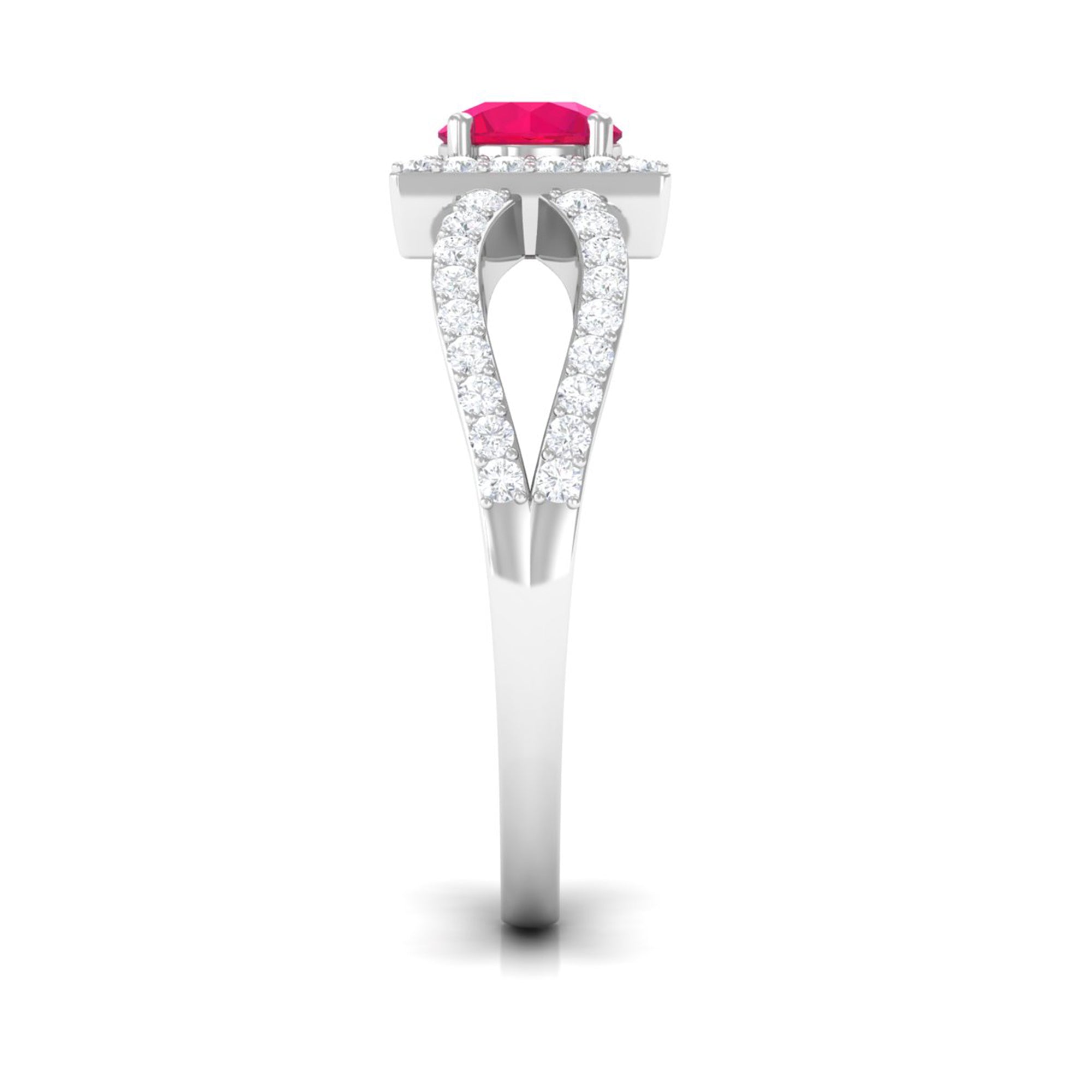 Split Shank Ruby Halo Engagement Ring with Diamond
