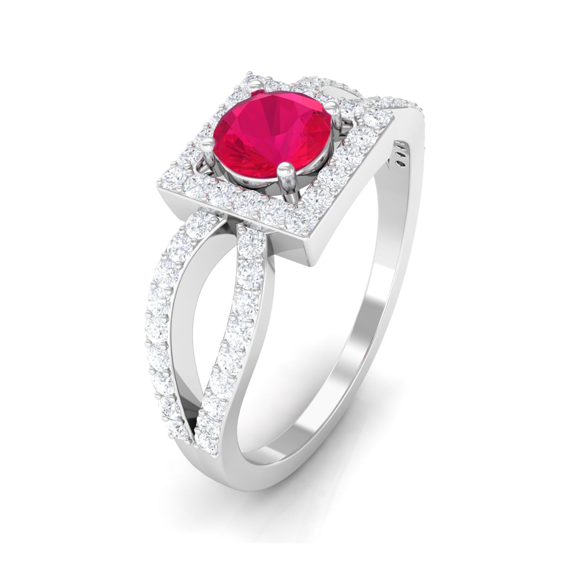 Split Shank Ruby Halo Engagement Ring with Diamond