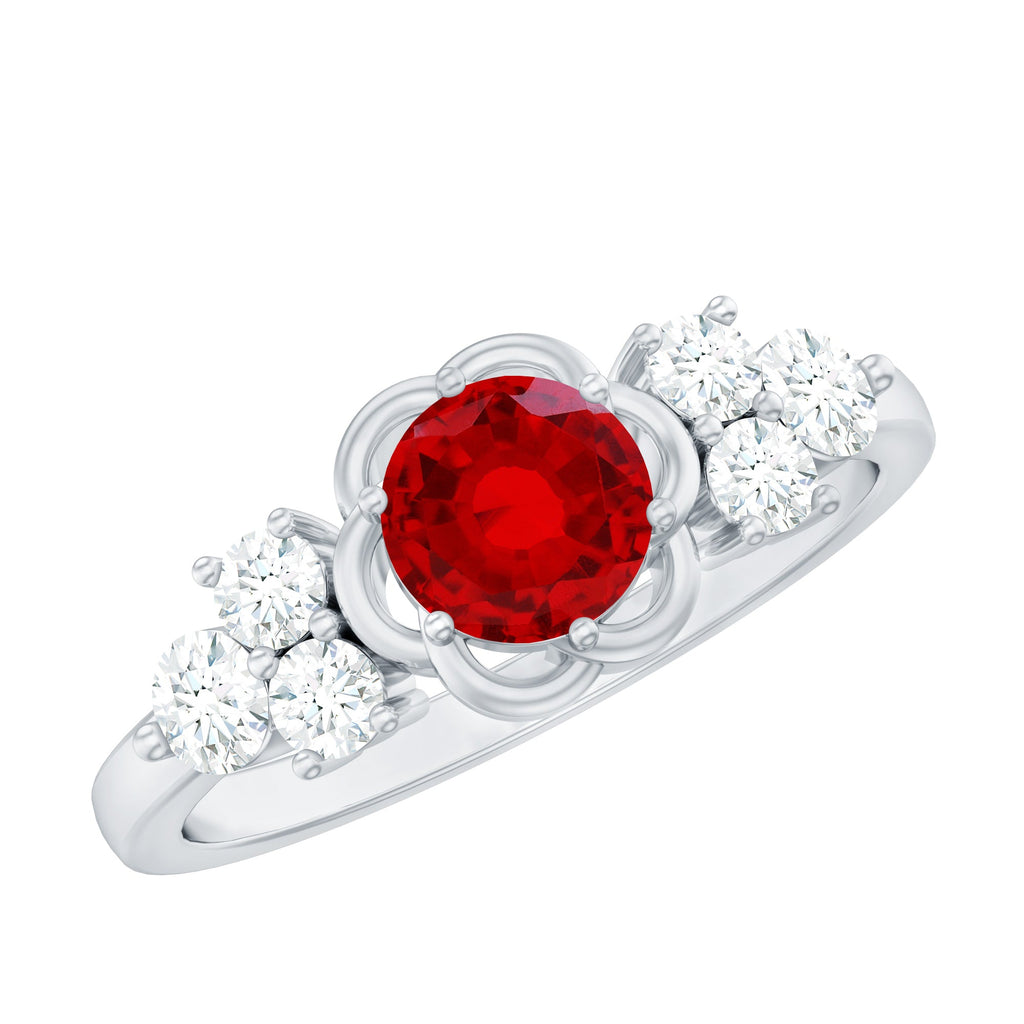 Lab Grown Ruby Flower Ring with Diamond Trio