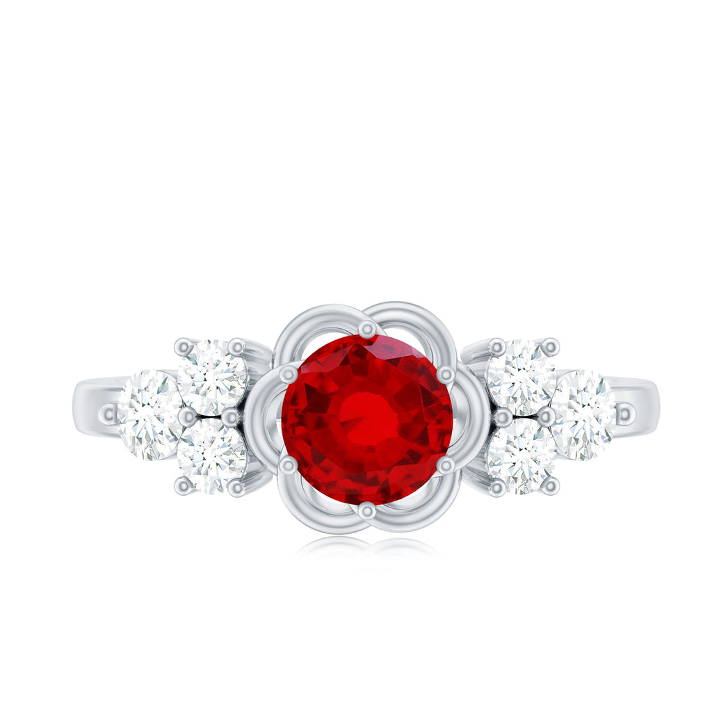Lab Grown Ruby Flower Ring with Diamond Trio