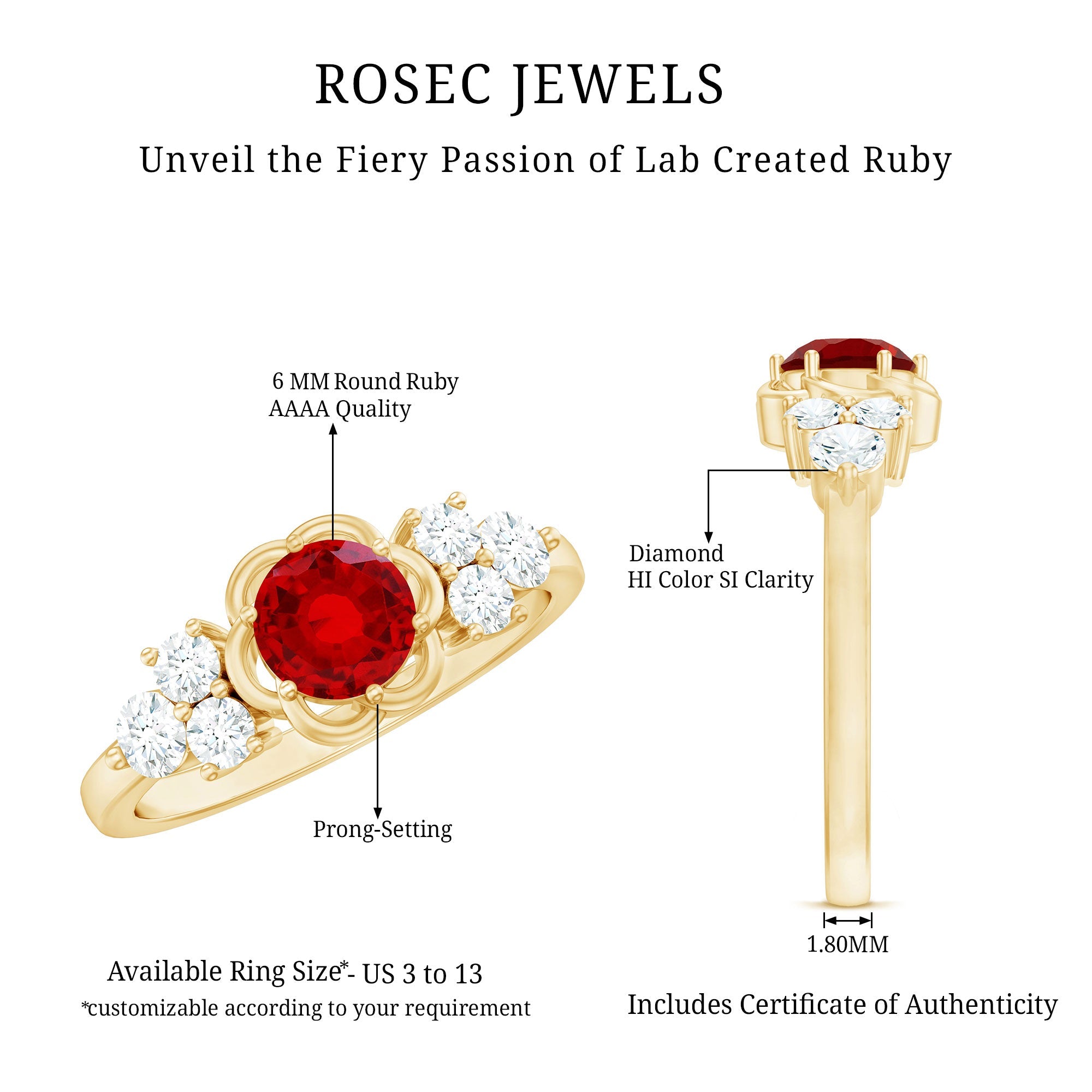 Lab Grown Ruby Flower Ring with Diamond Trio