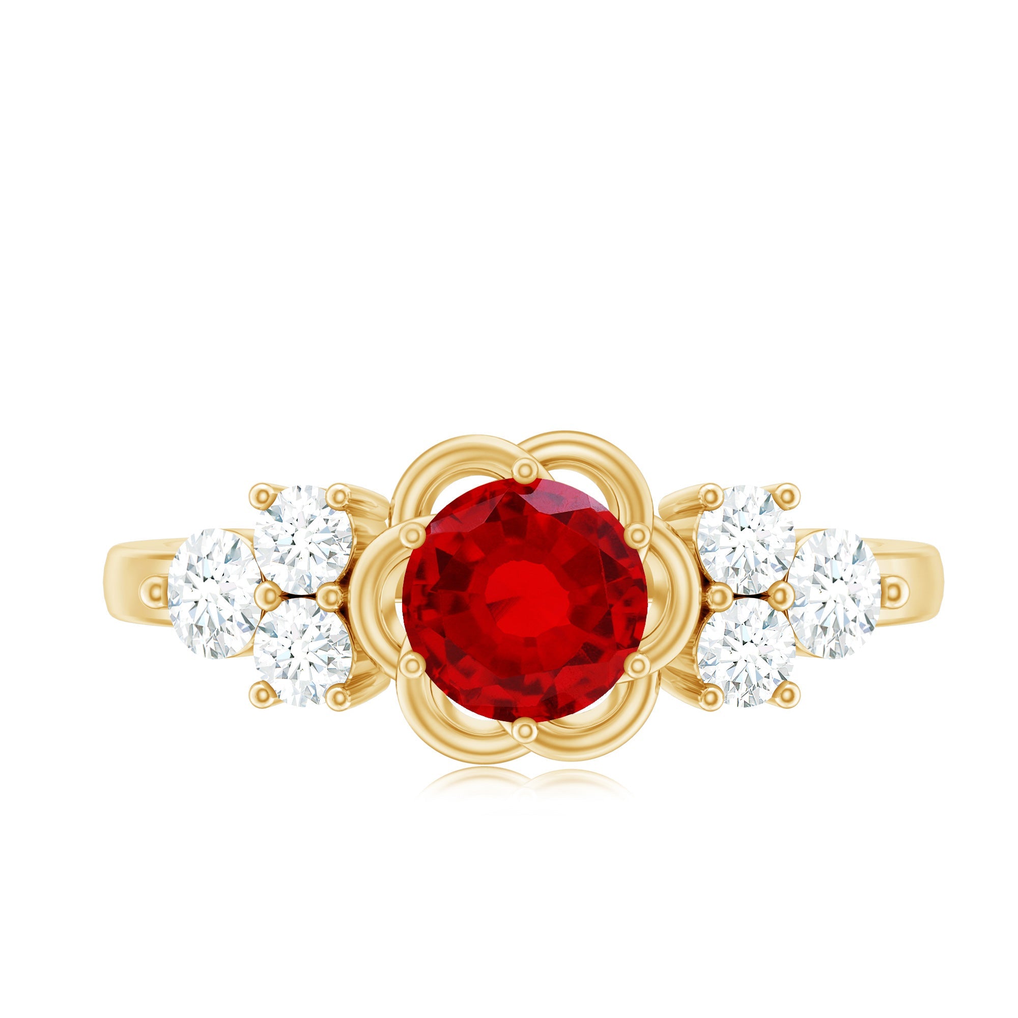 Lab Grown Ruby Flower Ring with Diamond Trio