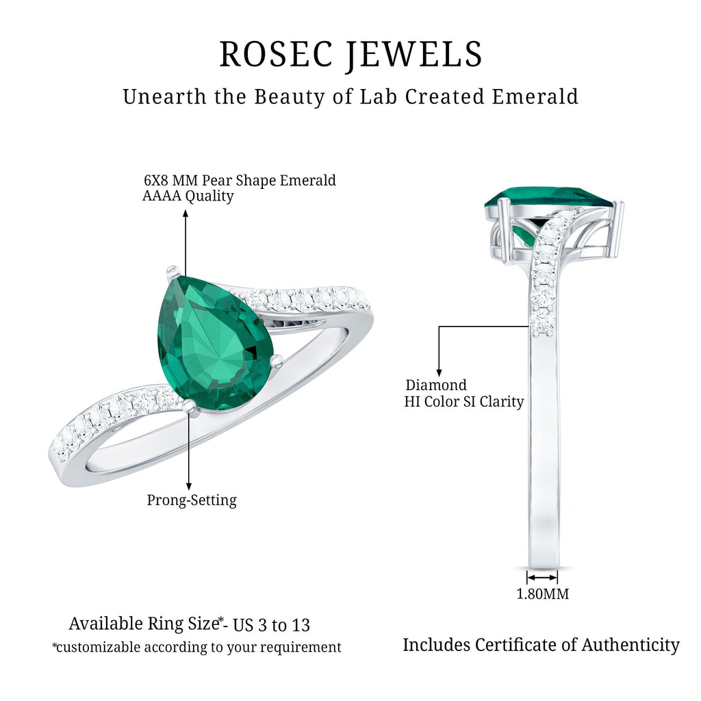 Classic Lab Grown Emerald Diamond Teardrop Engagement Ring with Bypass Shank