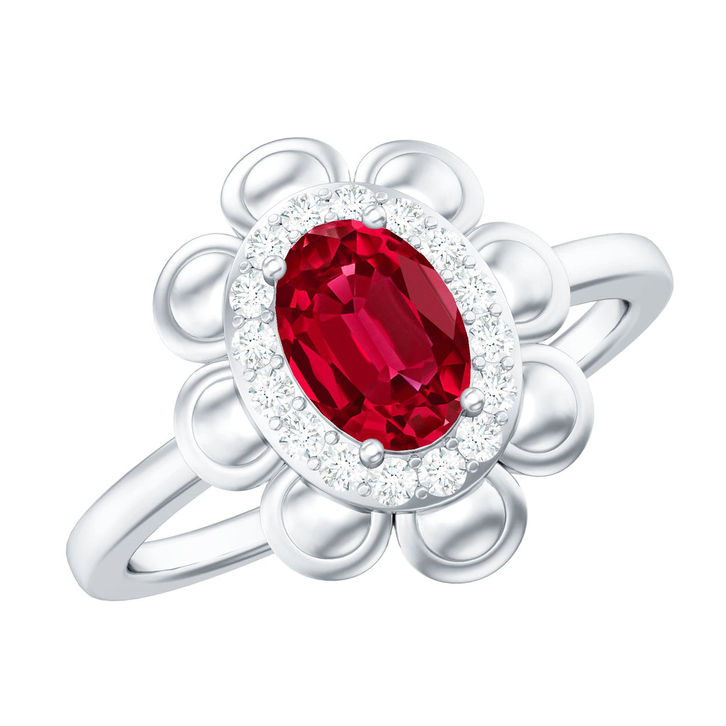 Oval Shape Lab Grown Ruby Floral Ring with Diamond Halo