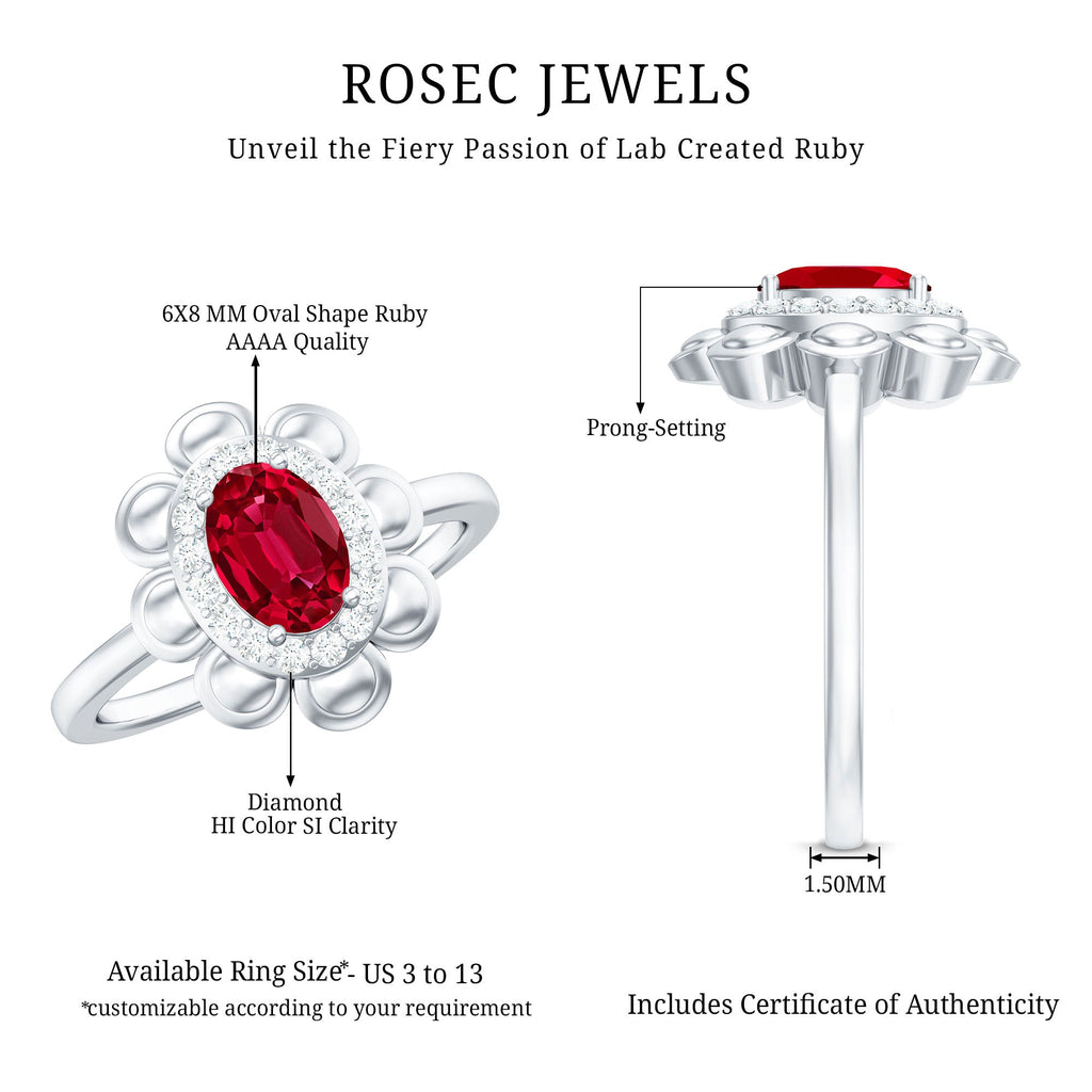 Oval Shape Lab Grown Ruby Floral Ring with Diamond Halo