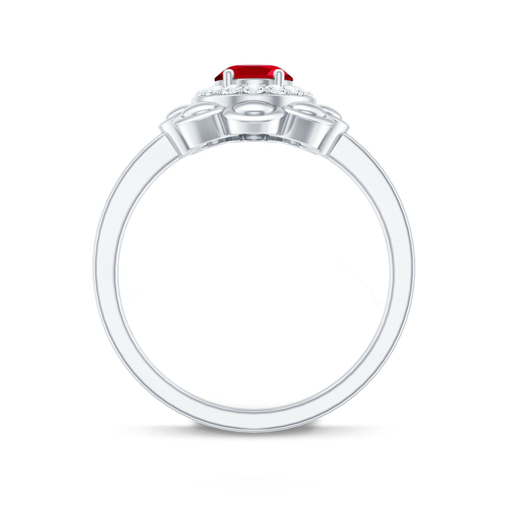 Oval Shape Lab Grown Ruby Floral Ring with Diamond Halo