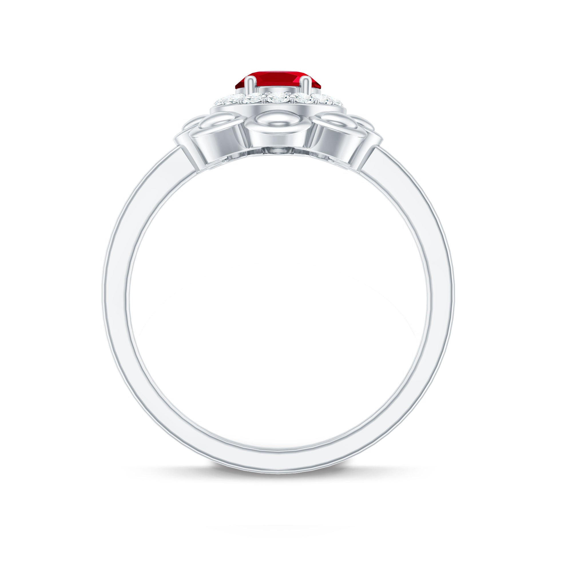 Oval Shape Lab Grown Ruby Floral Ring with Diamond Halo