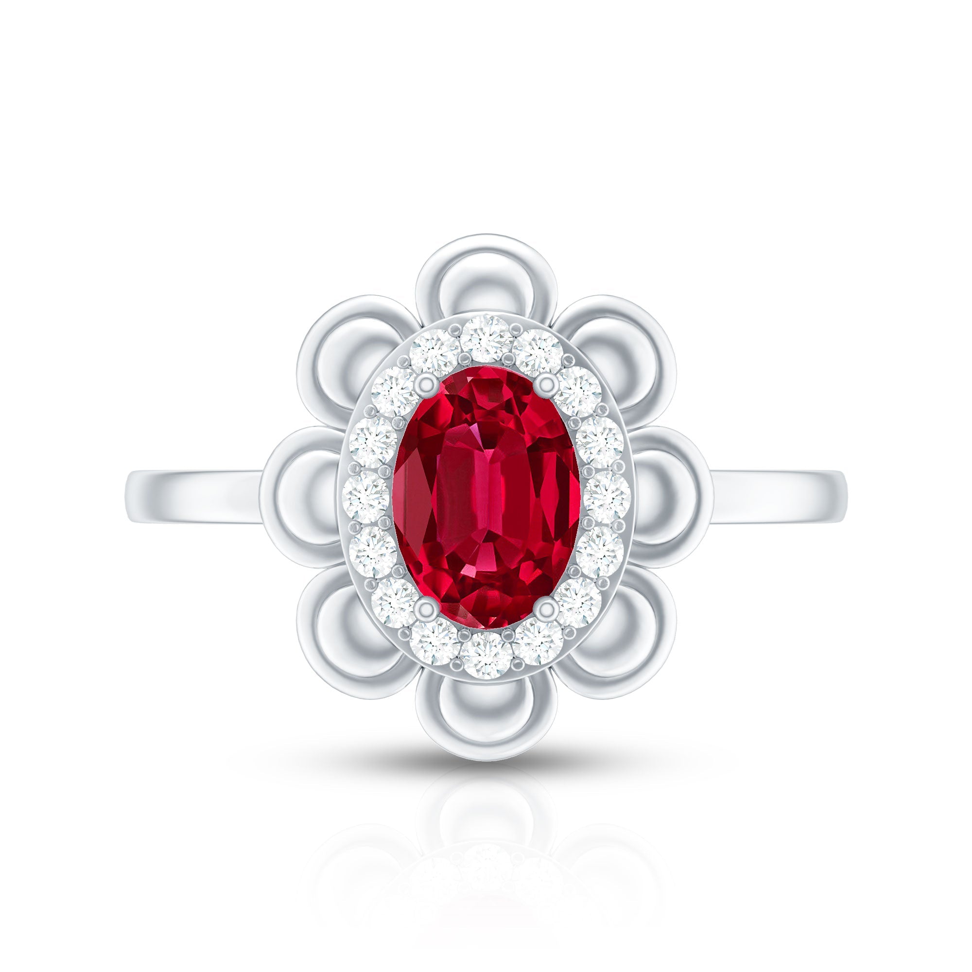 Oval Shape Lab Grown Ruby Floral Ring with Diamond Halo