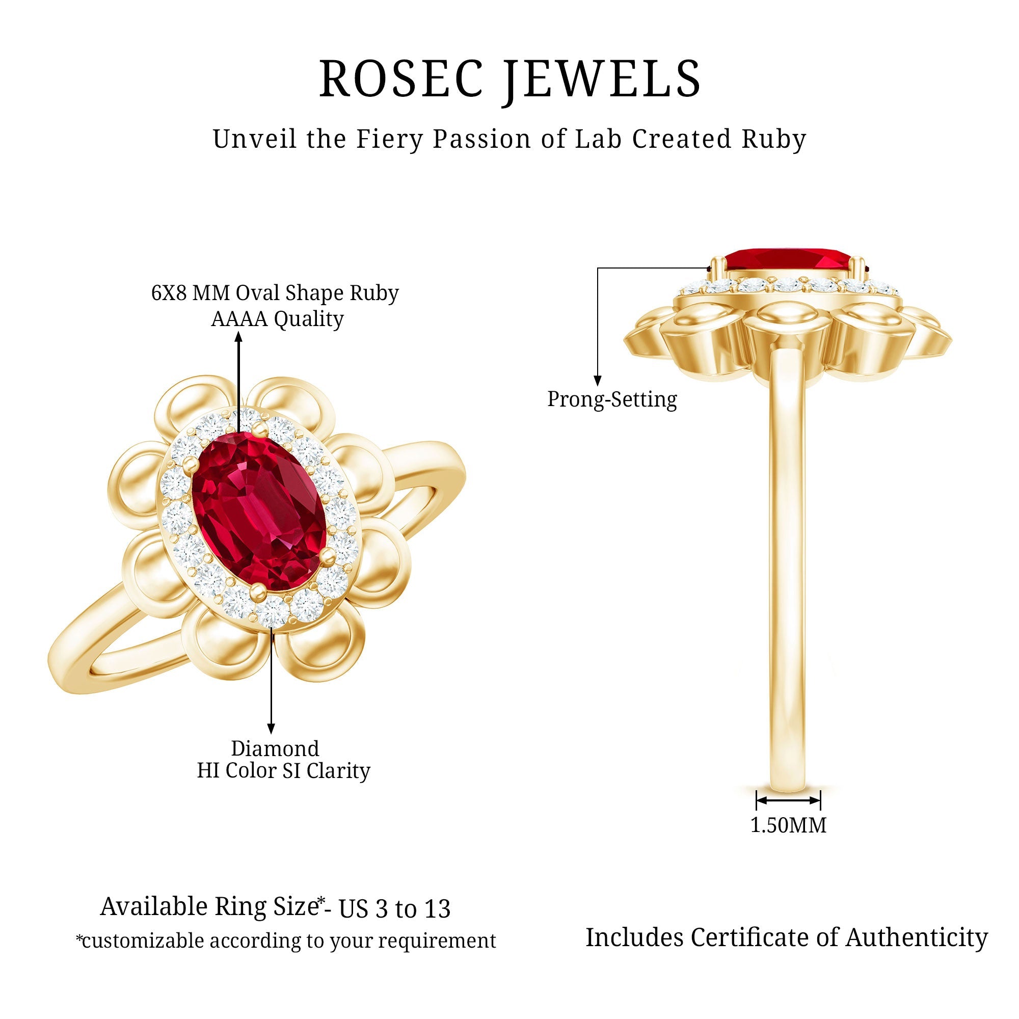 Oval Shape Lab Grown Ruby Floral Ring with Diamond Halo