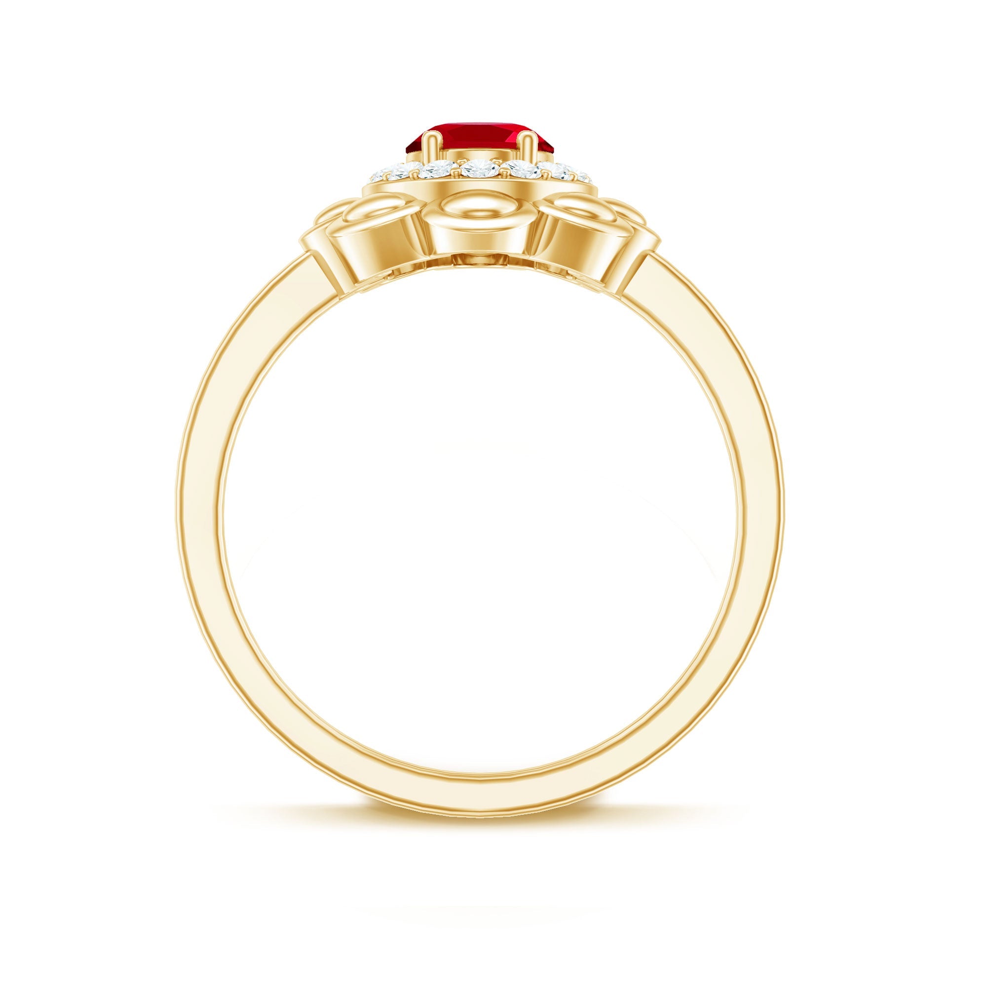 Oval Shape Lab Grown Ruby Floral Ring with Diamond Halo
