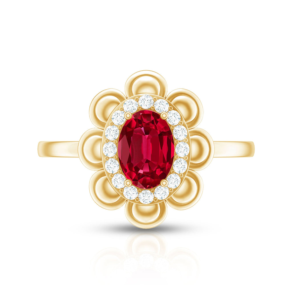 Oval Shape Lab Grown Ruby Floral Ring with Diamond Halo