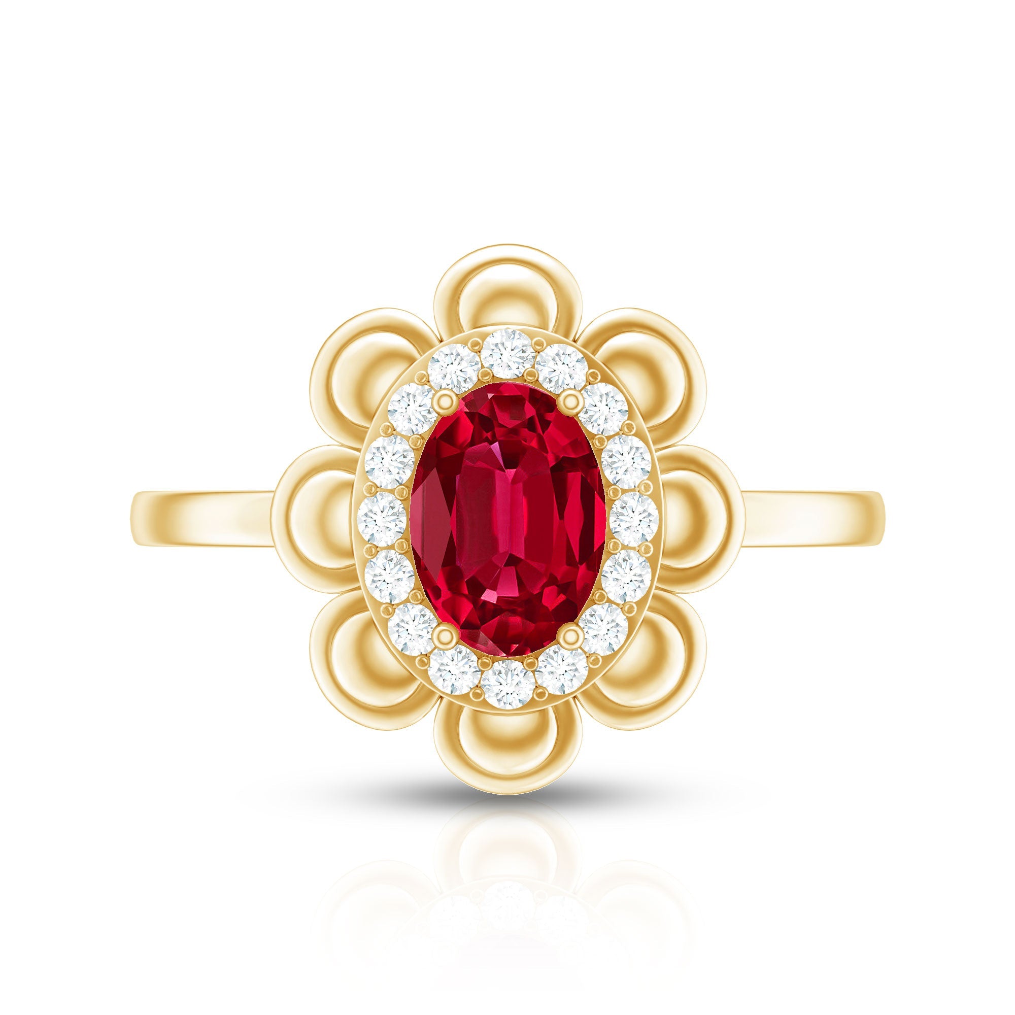 Oval Shape Lab Grown Ruby Floral Ring with Diamond Halo