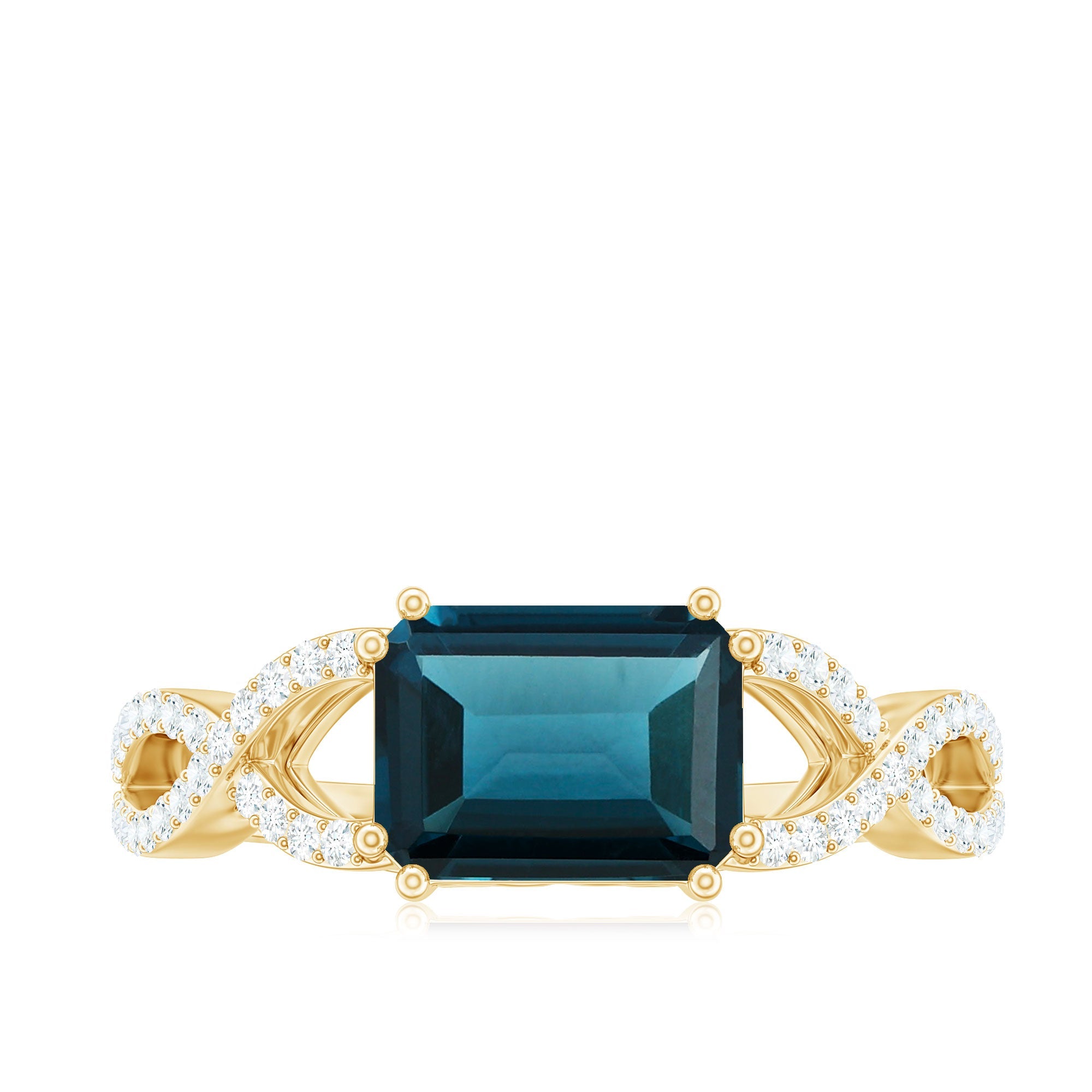 6X8mm Emerald Cut London Blue Topaz East West Engagement Ring with Diamond