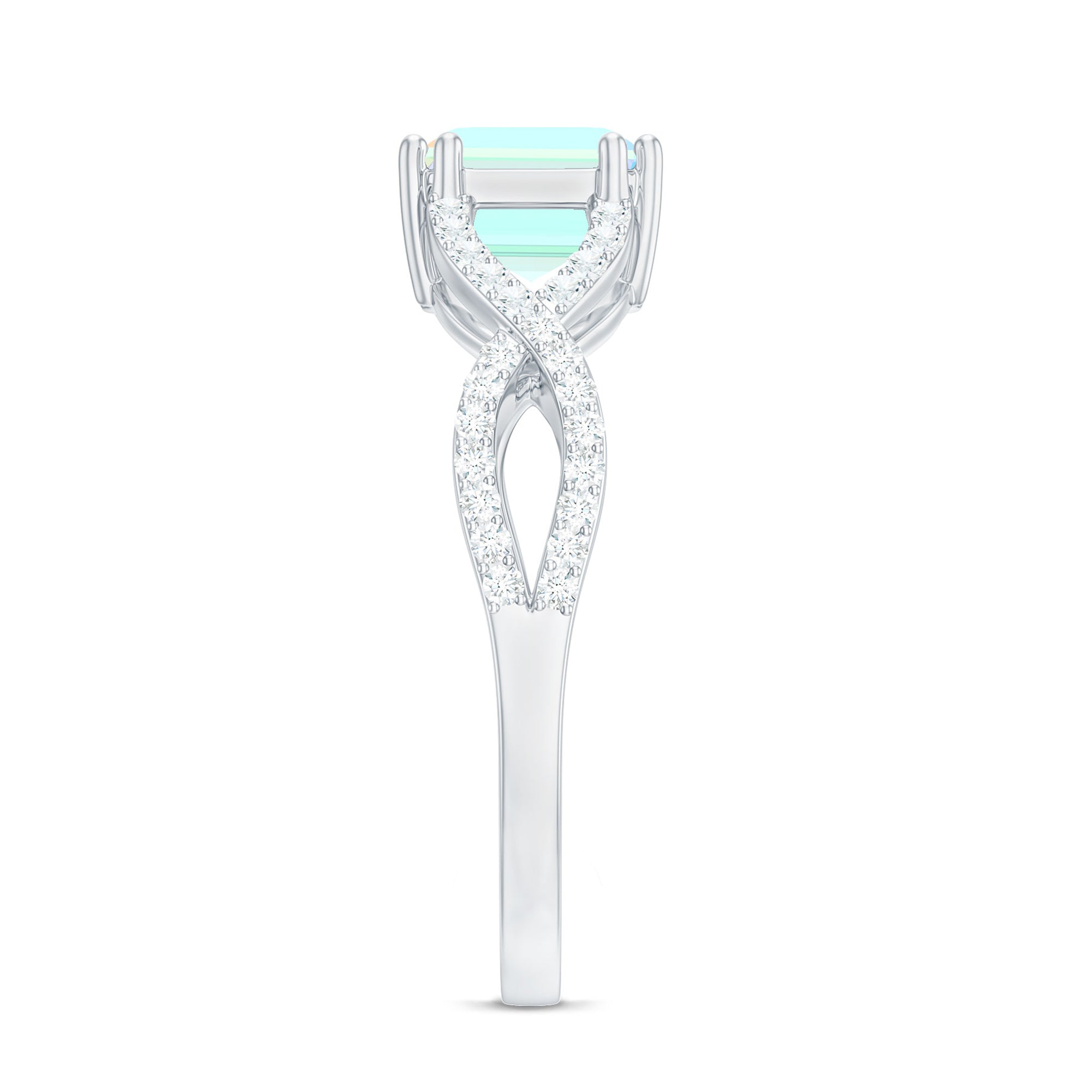 Natural Emerald Cut Opalescent Diamond Engagement Ring in East West Style