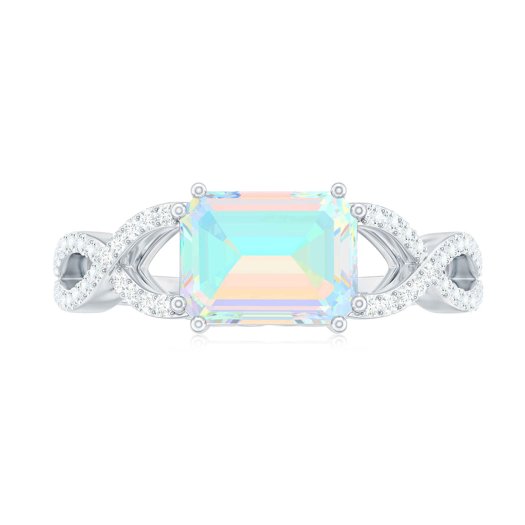 Natural Emerald Cut Opalescent Diamond Engagement Ring in East West Style