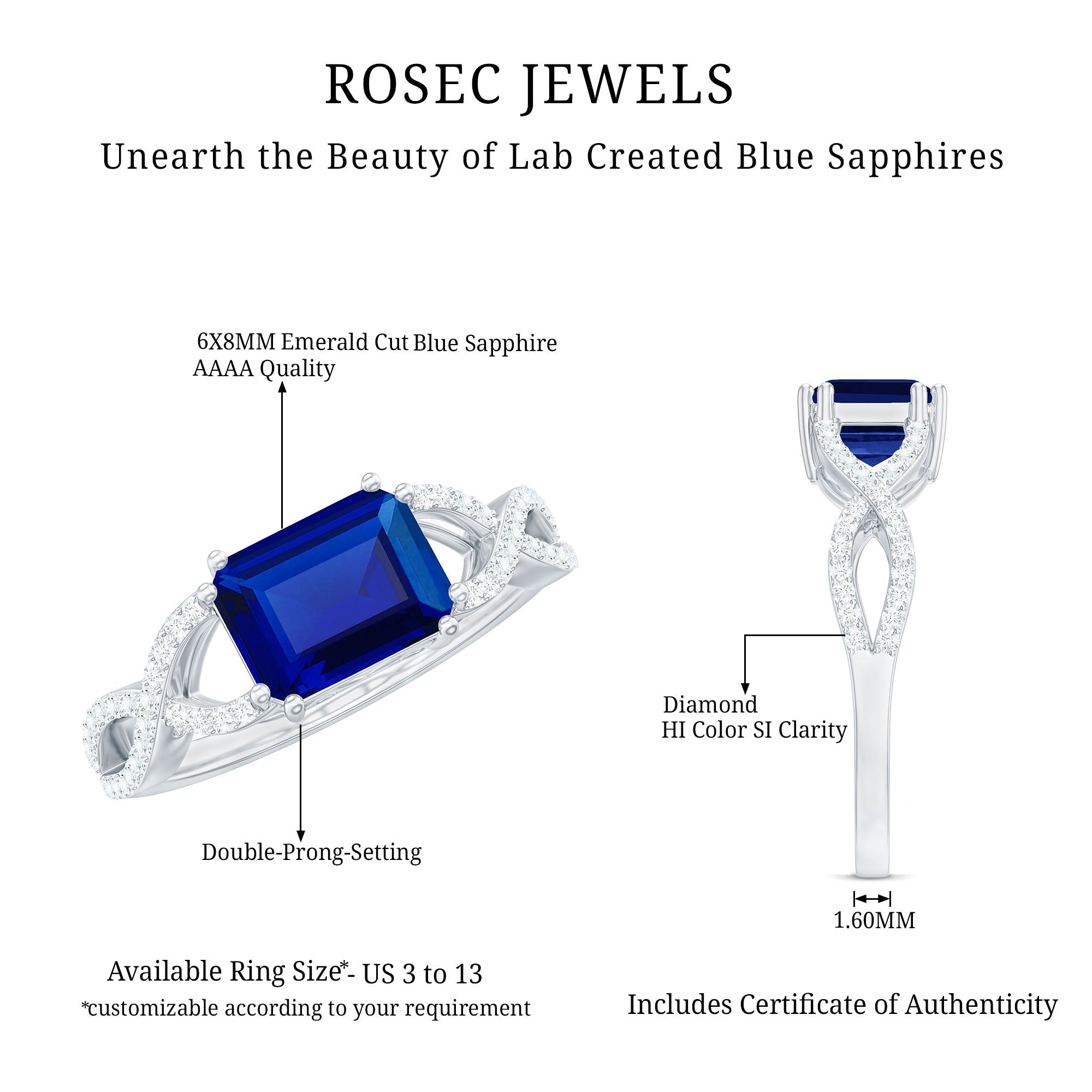 Certified 1.75 Carat Lab Created Blue Sapphire East West Engagement Ring with Diamond Crossover Shank