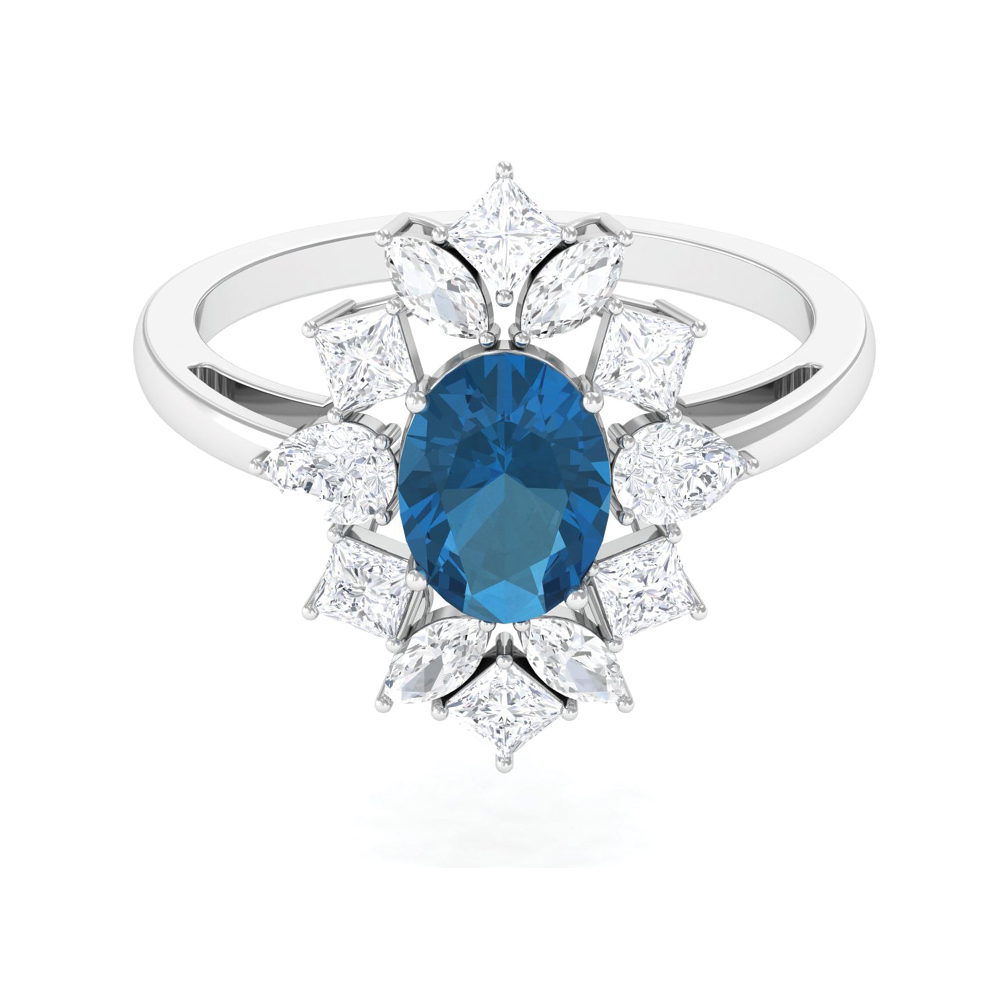 6X8mm Oval Cut London Blue Topaz Big Statement Ring with Moissanite