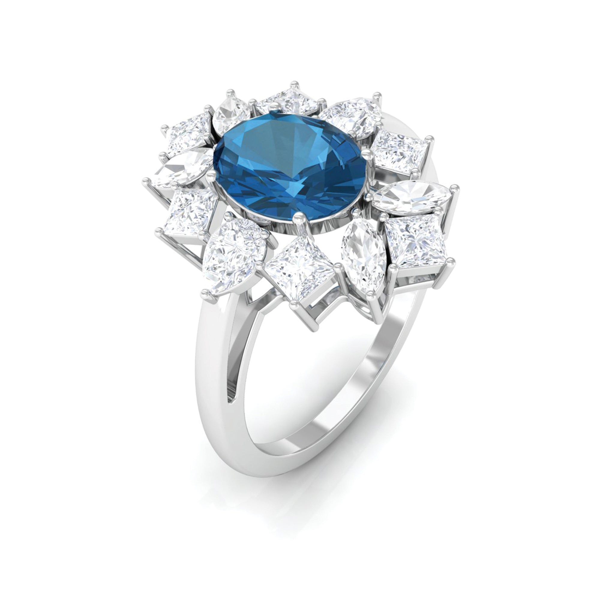 6X8mm Oval Cut London Blue Topaz Big Statement Ring with Moissanite