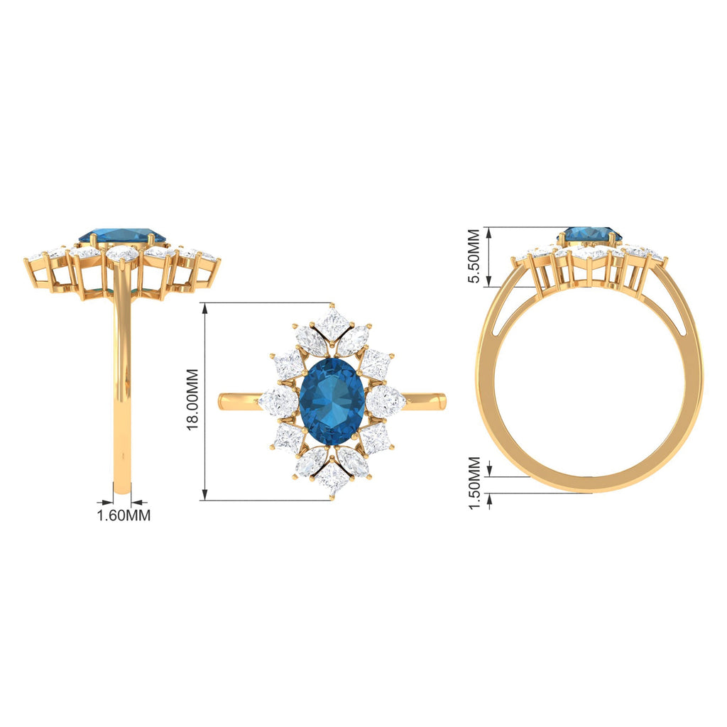 6X8mm Oval Cut London Blue Topaz Big Statement Ring with Moissanite