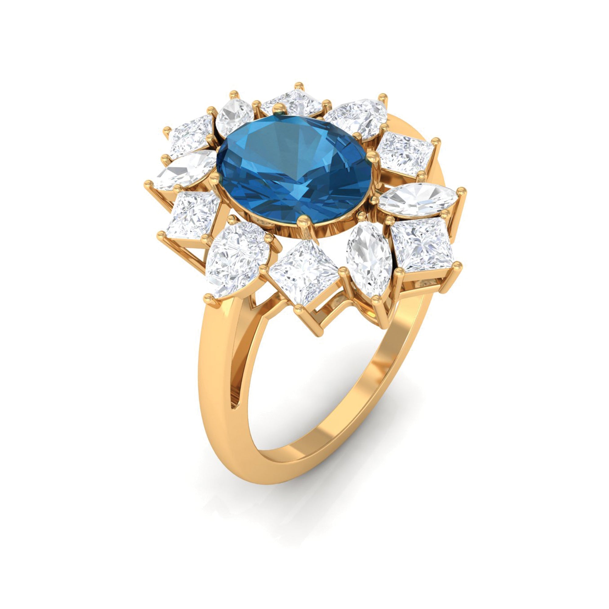 6X8mm Oval Cut London Blue Topaz Big Statement Ring with Moissanite