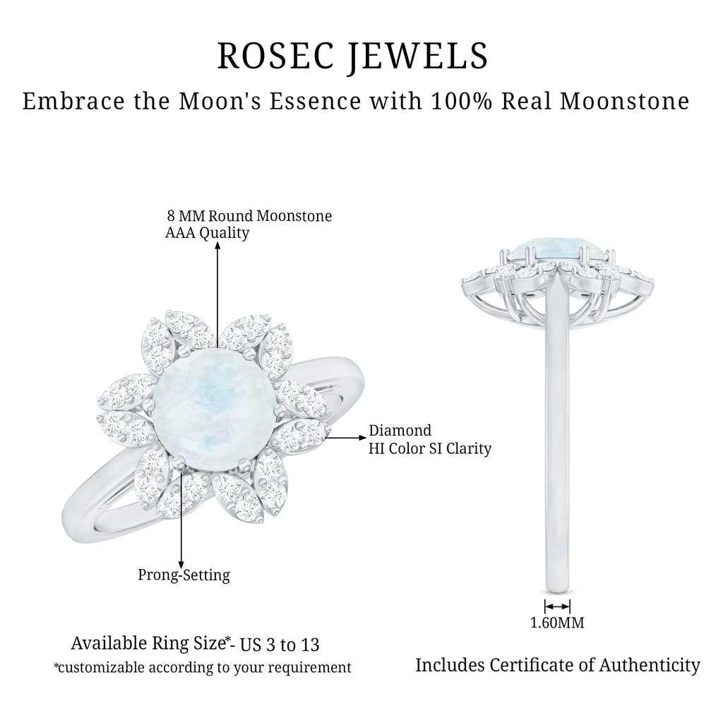1.25 CT Moonstone and Diamond Floral Halo Ring