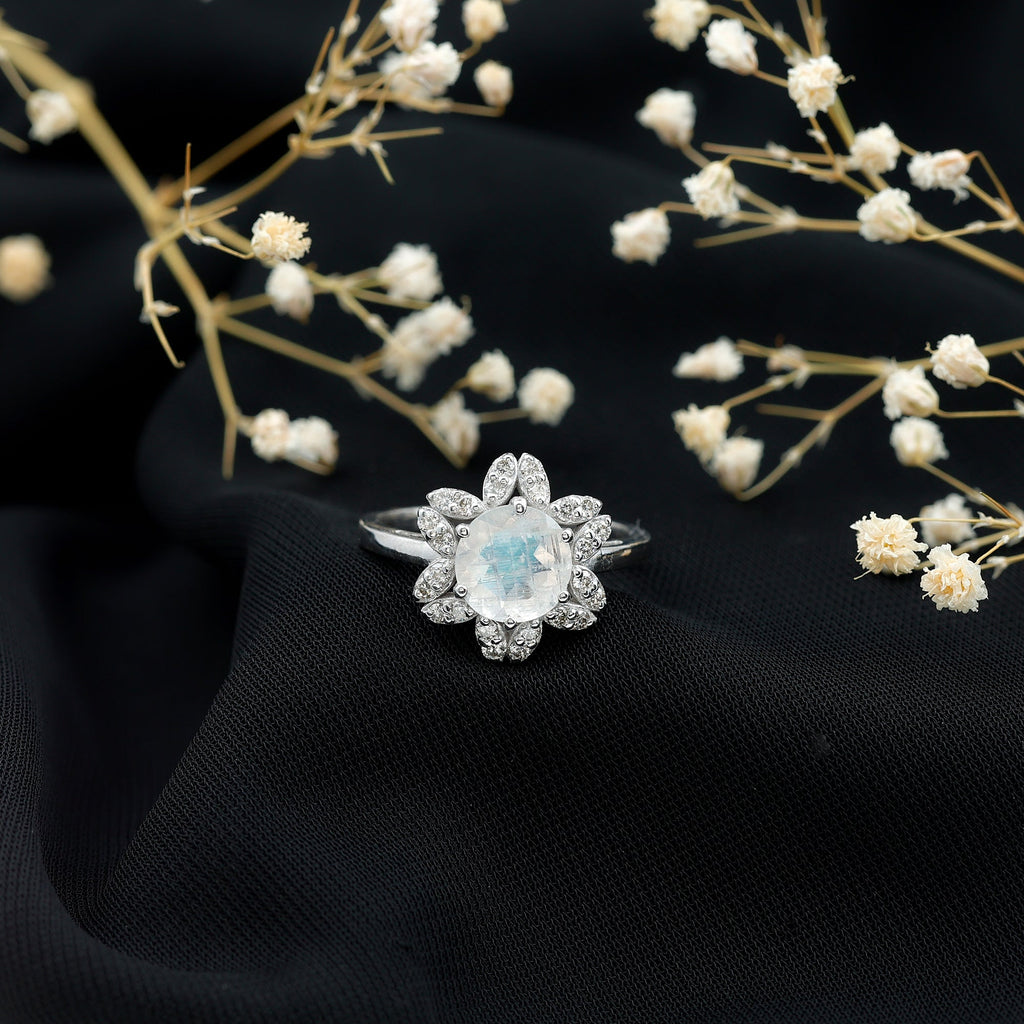 1.25 CT Moonstone and Diamond Floral Halo Ring