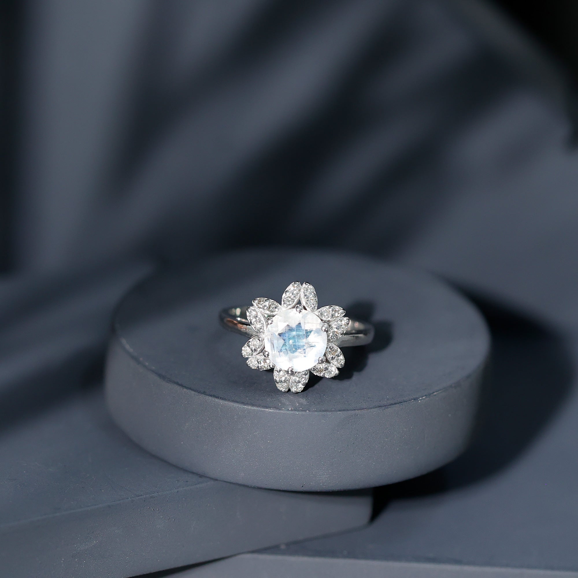 1.25 CT Moonstone and Diamond Floral Halo Ring