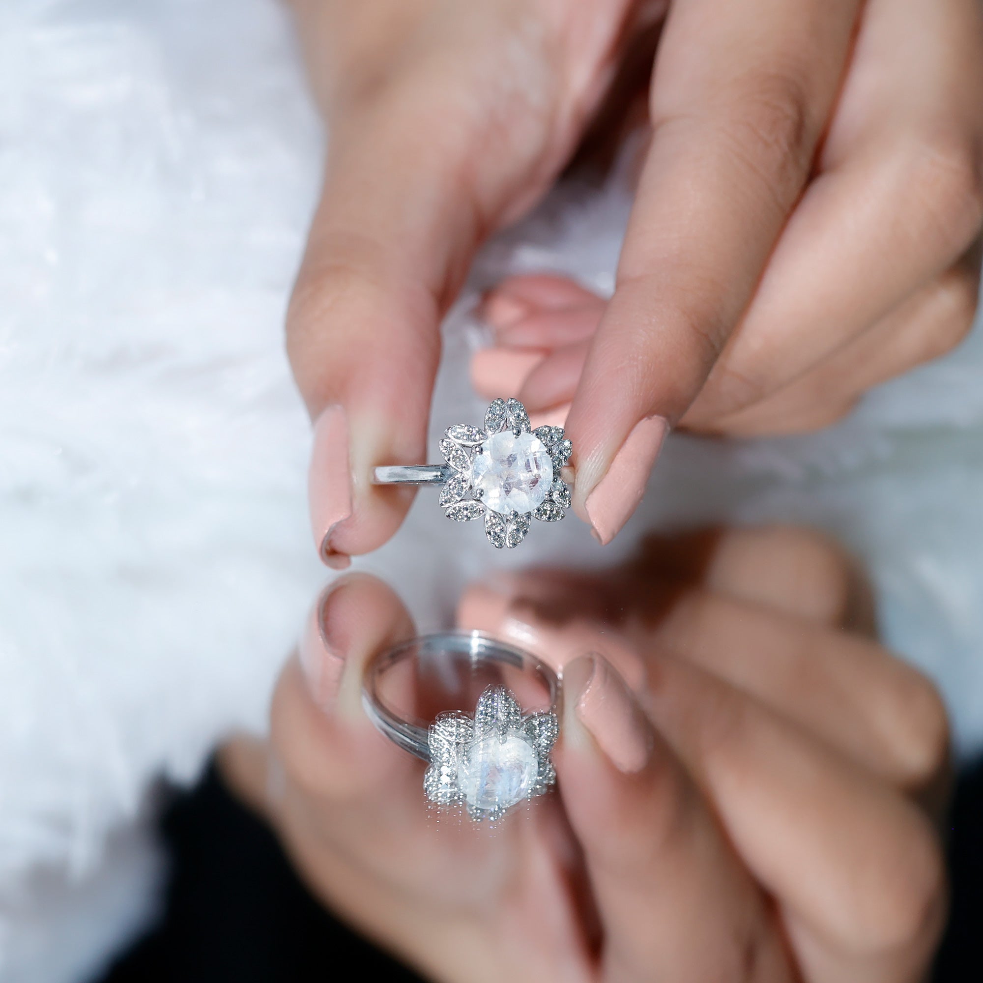 1.25 CT Moonstone and Diamond Floral Halo Ring