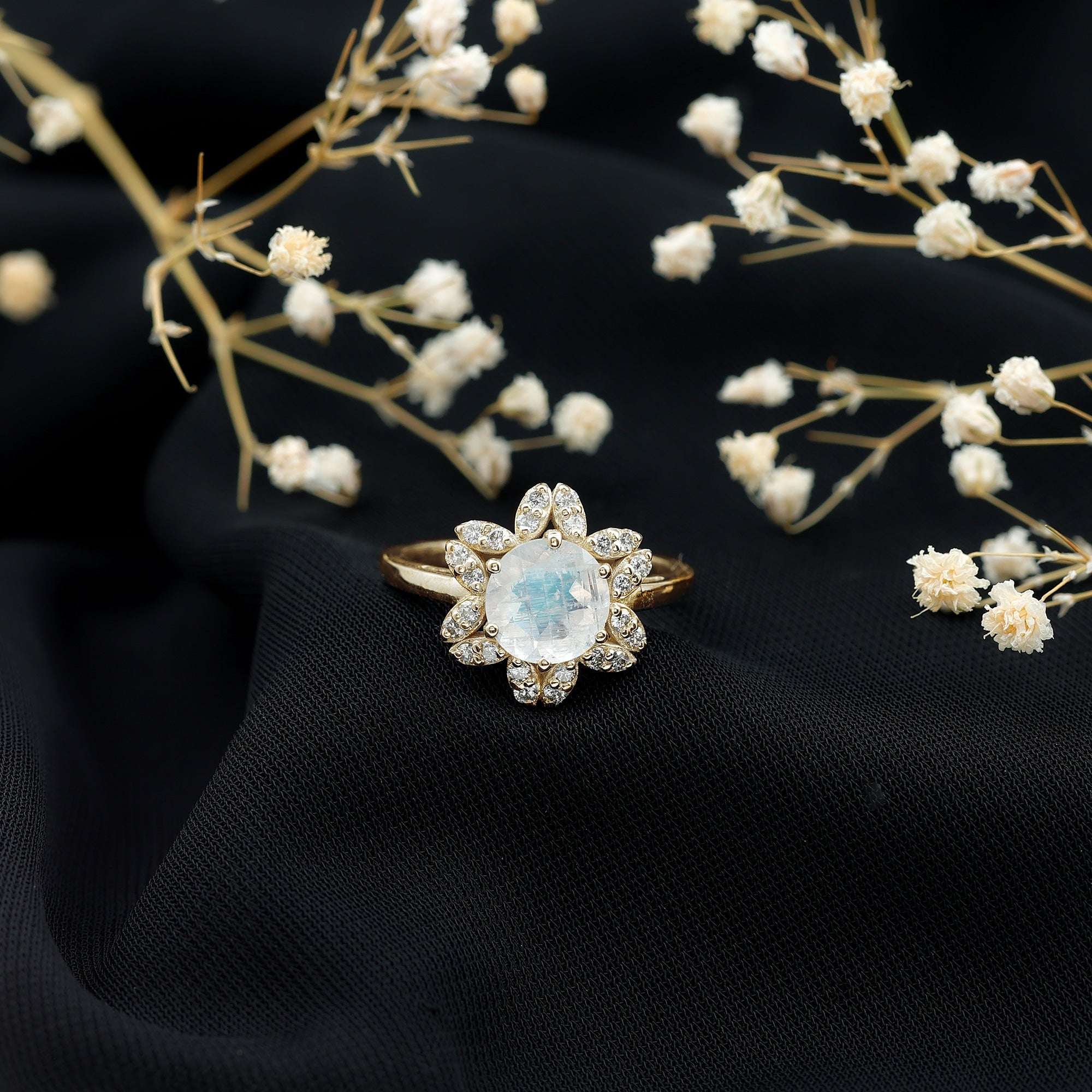 1.25 CT Moonstone and Diamond Floral Halo Ring