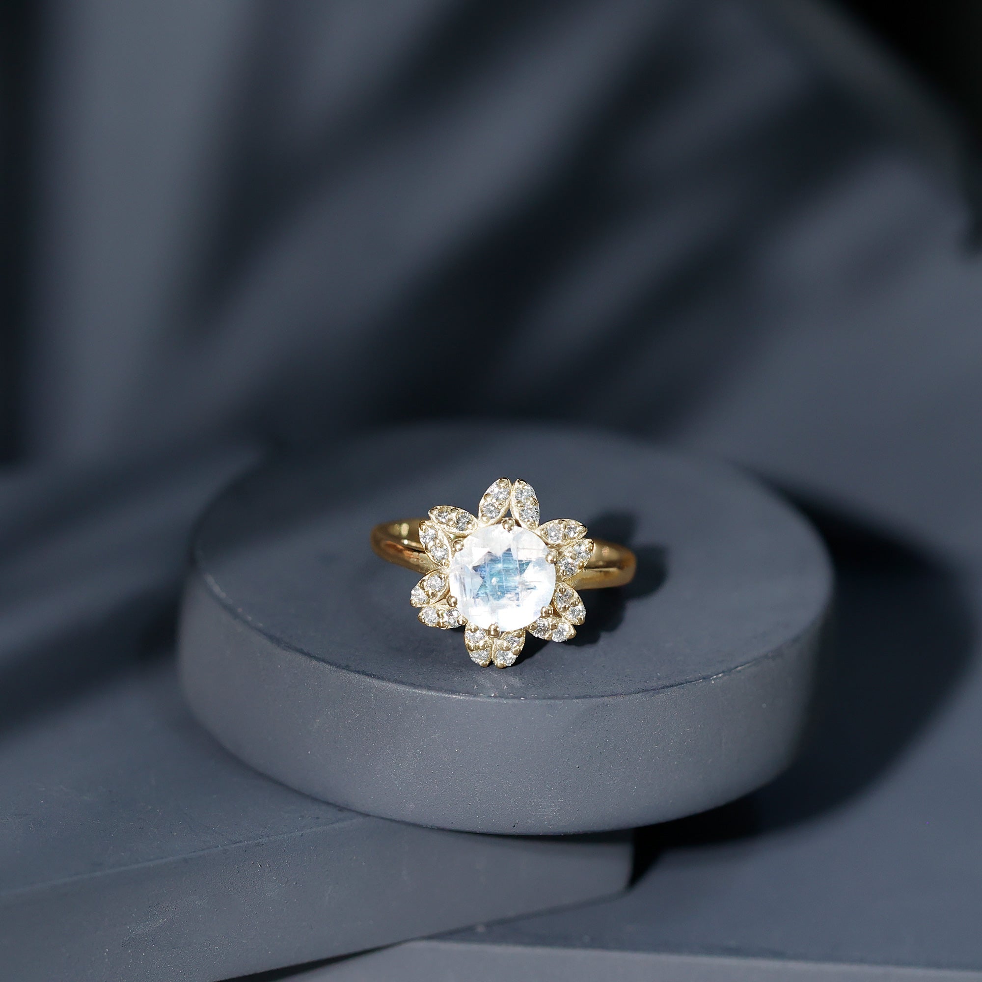 1.25 CT Moonstone and Diamond Floral Halo Ring