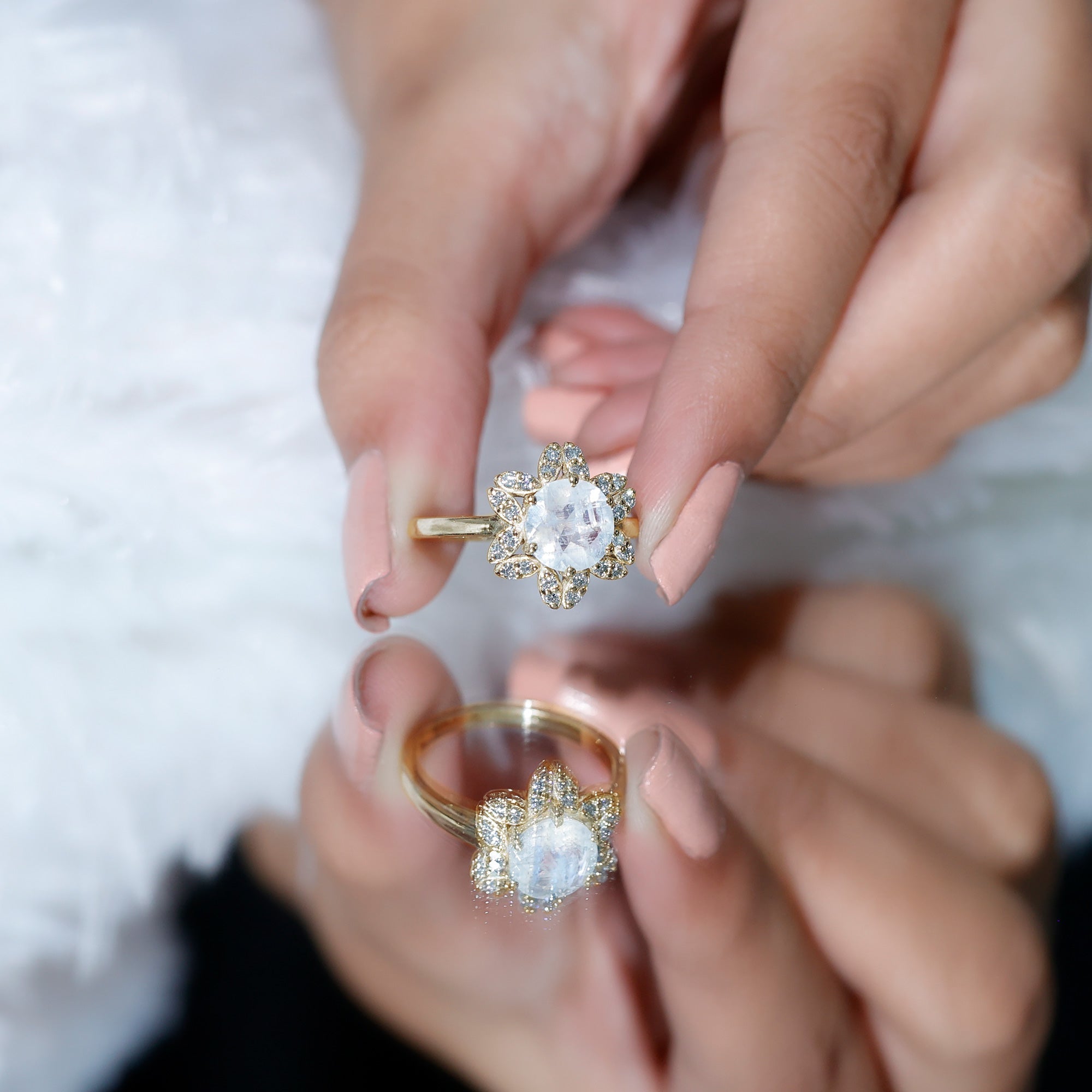 1.25 CT Moonstone and Diamond Floral Halo Ring