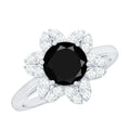 Genuine Round Cut Black Onyx Flower Engagement Ring with Diamonds