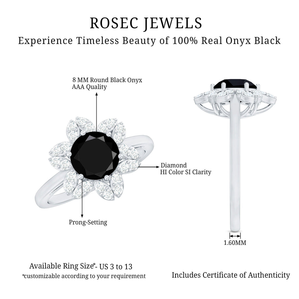 Genuine Round Cut Black Onyx Flower Engagement Ring with Diamonds