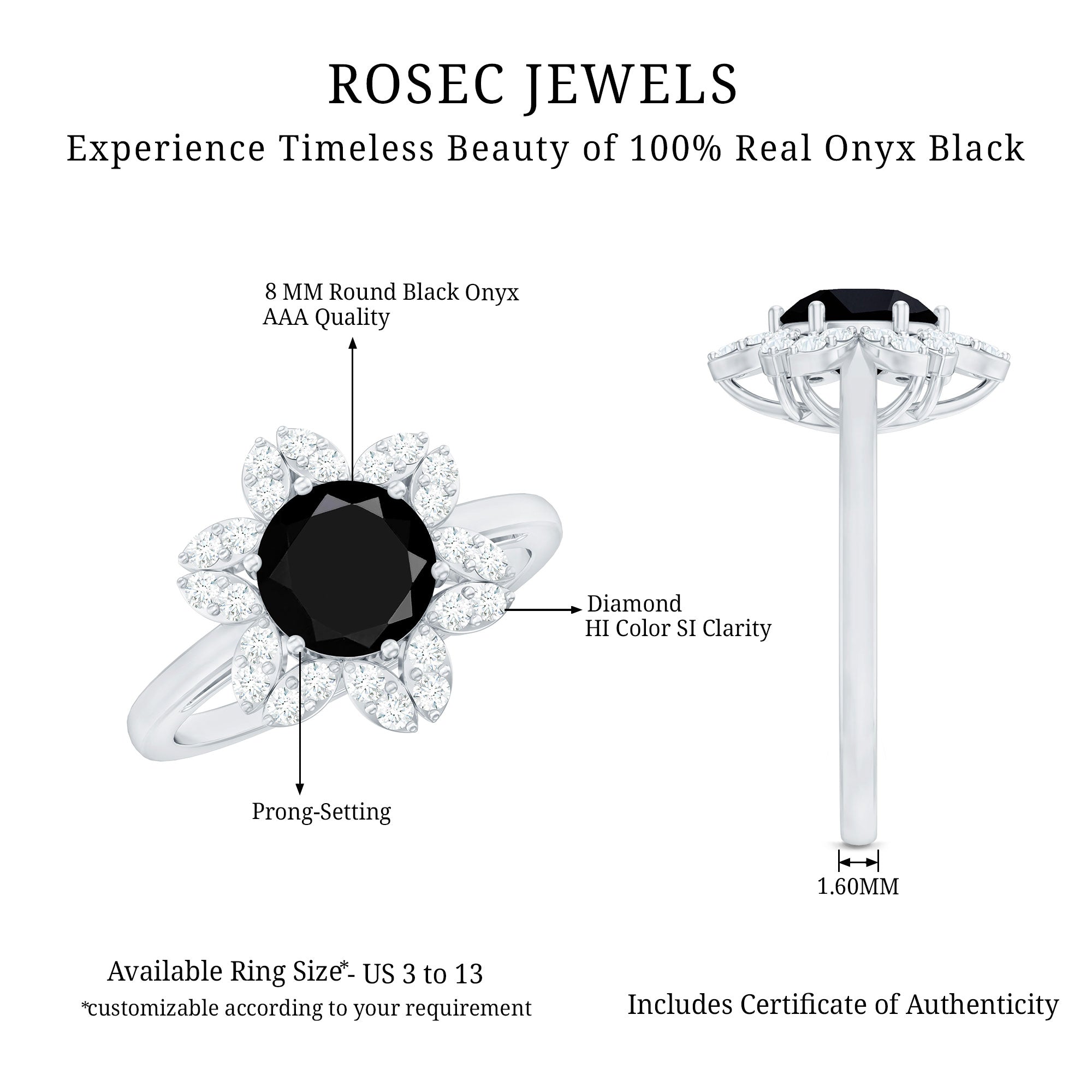 Genuine Round Cut Black Onyx Flower Engagement Ring with Diamonds