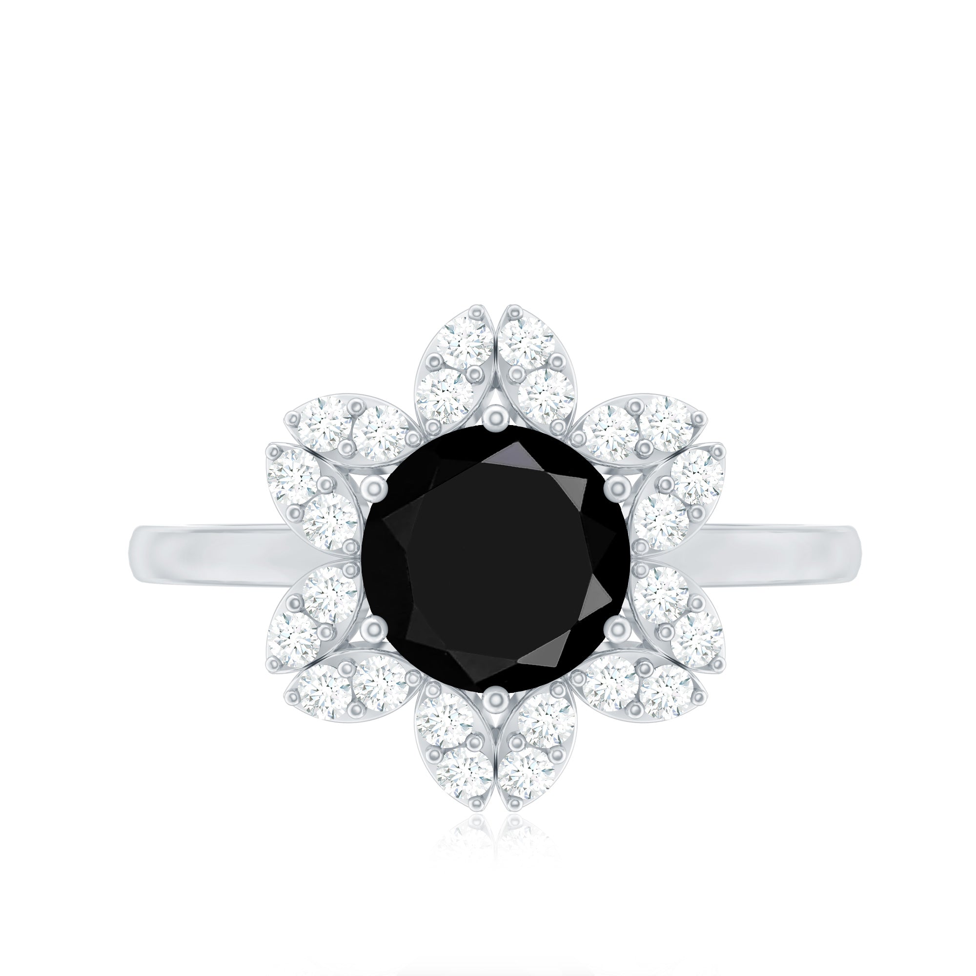 Genuine Round Cut Black Onyx Flower Engagement Ring with Diamonds