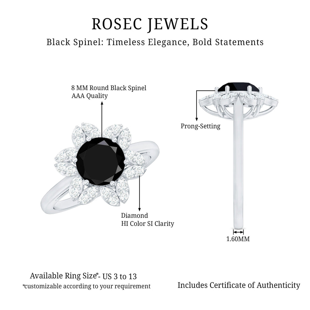 Natural 2.5 Carat Black Spinel Flower Engagement Ring with Diamond