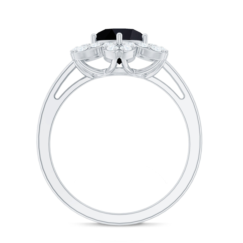 Natural 2.5 Carat Black Spinel Flower Engagement Ring with Diamond