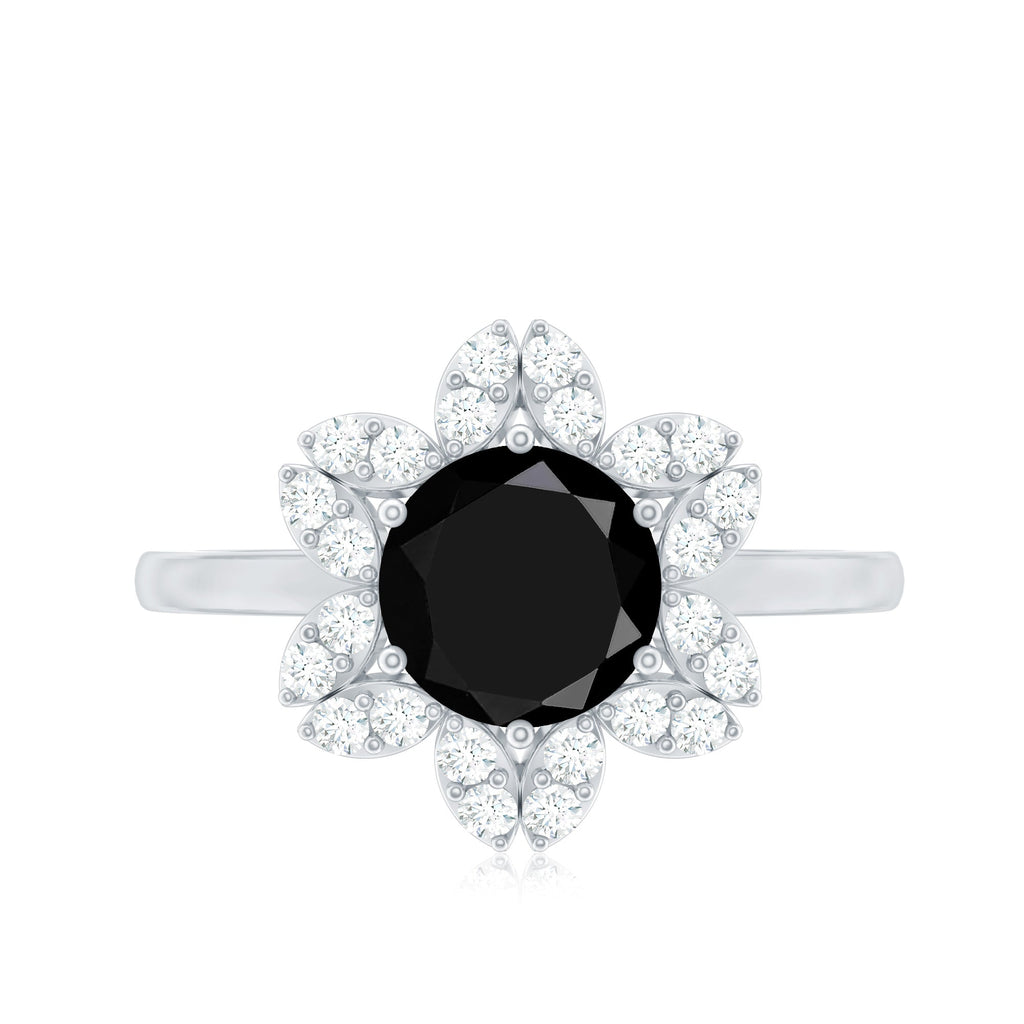 Natural 2.5 Carat Black Spinel Flower Engagement Ring with Diamond