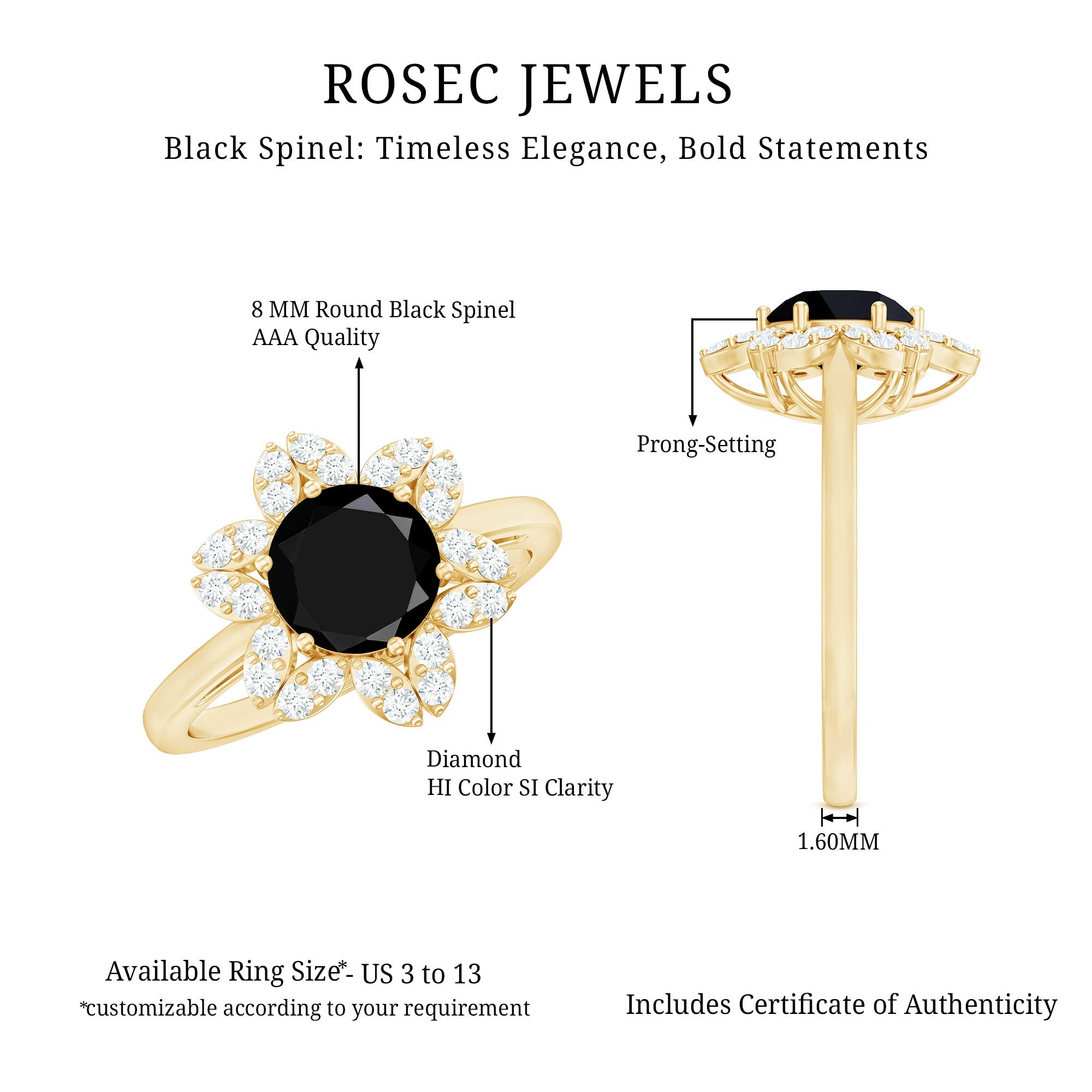 Natural 2.5 Carat Black Spinel Flower Engagement Ring with Diamond