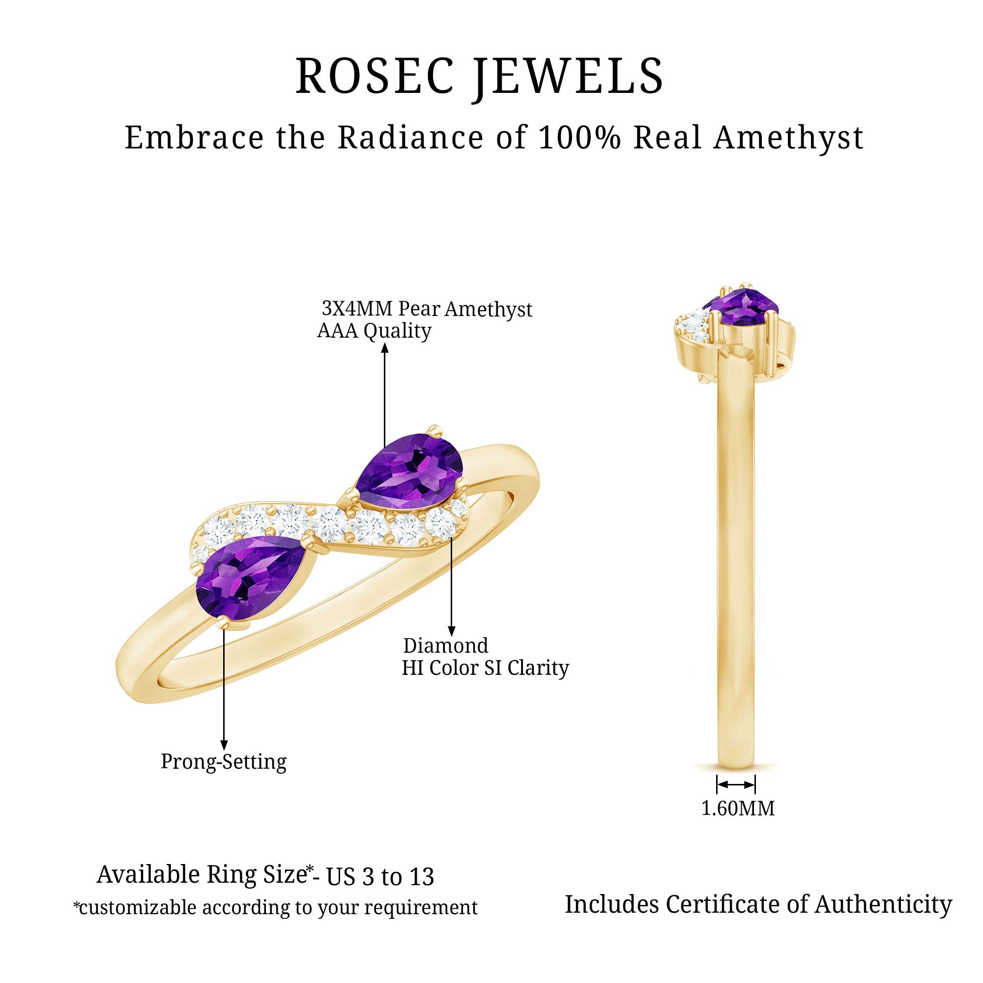 1/2 CT Pear Amethyst Infinity Promise Ring with Diamond